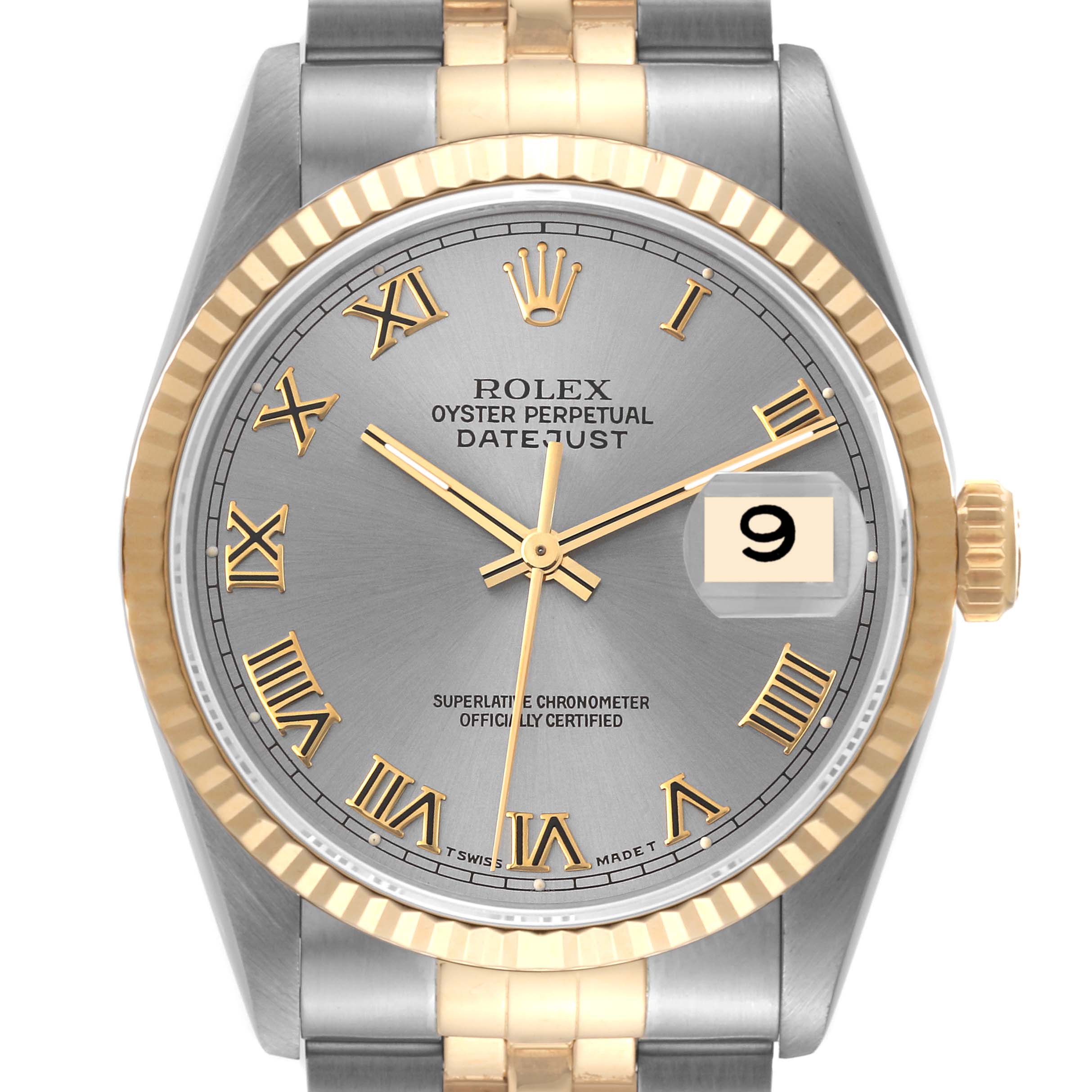 The image shows a front view of a Rolex Datejust 16233 Men's Steel and Gold (two tone) Grey Dial 16233 Men's Steel and Gold (two tone) Grey Dial watch displaying its dial, bezel, and part of the bracelet.