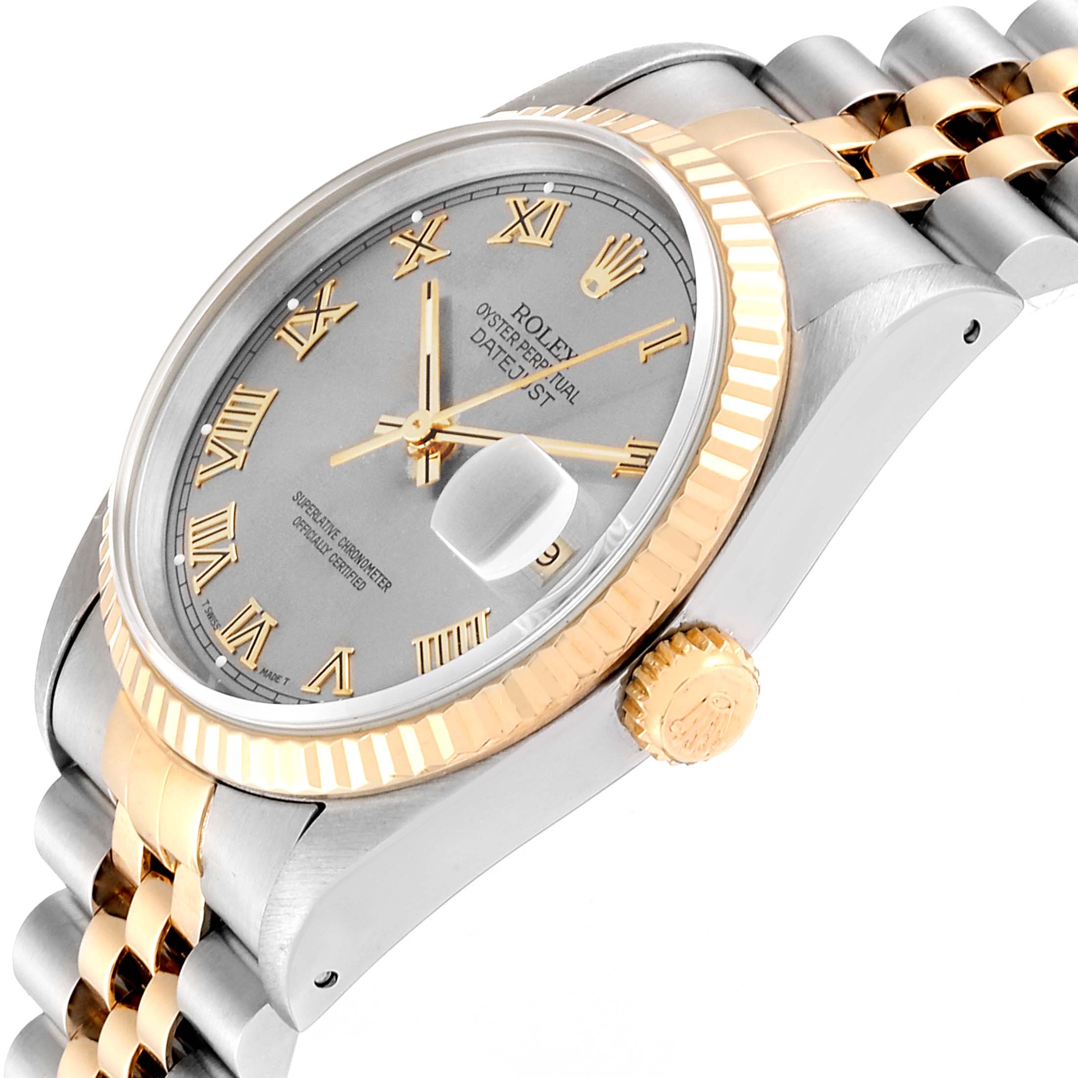 This image shows a close-up, angled view of the Rolex Datejust 16233 Men
s Steel and Gold (two tone) Grey Dial 16233 Men
s Steel and Gold (two tone) Grey Dial watch, highlighting the dial, bezel, crown, and part of the bracelet.