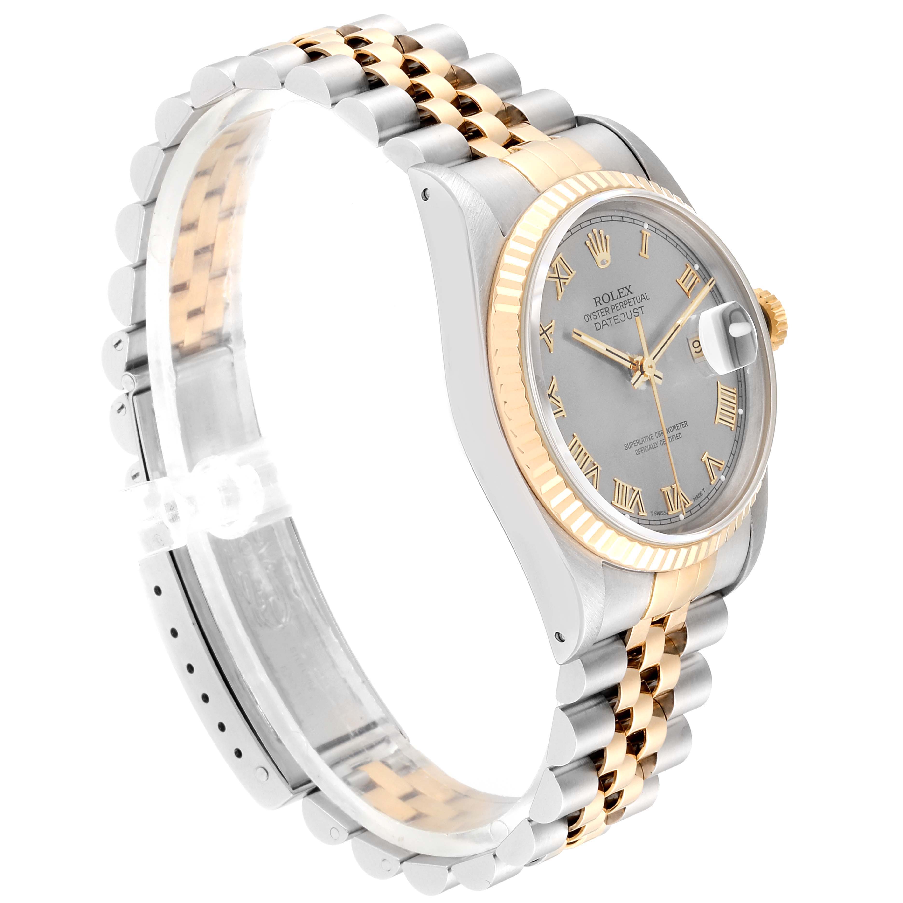 The image shows a Rolex Datejust 16233 Men
s Steel and Gold (two tone) Grey Dial 16233 Men
s Steel and Gold (two tone) Grey Dial watch at a slight side angle, highlighting the dial, bezel, and two-tone bracelet.