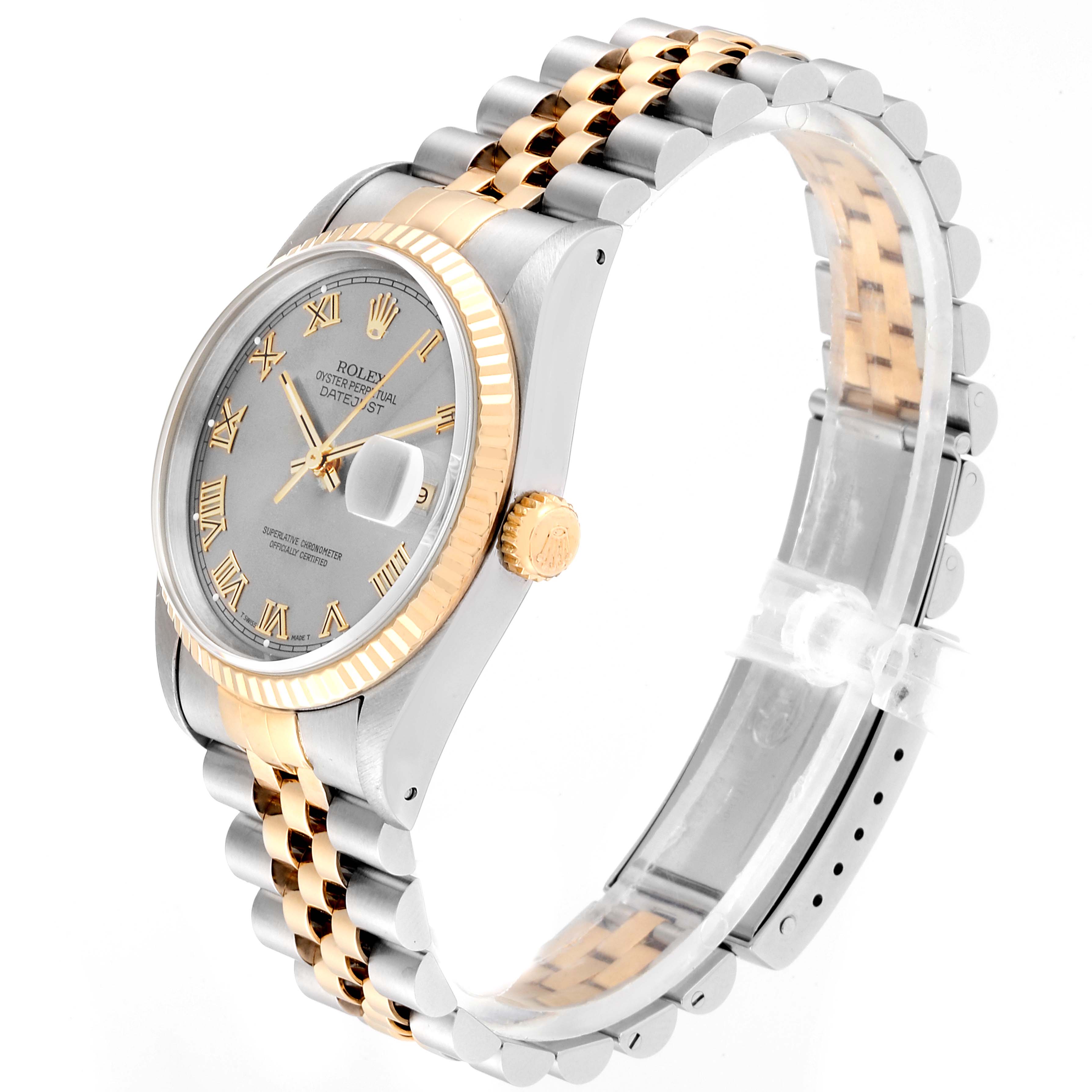 The image shows a side view of a Rolex Datejust 16233 Men
s Steel and Gold (two tone) Grey Dial 16233 Men
s Steel and Gold (two tone) Grey Dial watch, highlighting its two-tone bracelet, bezel, crown, and dial.