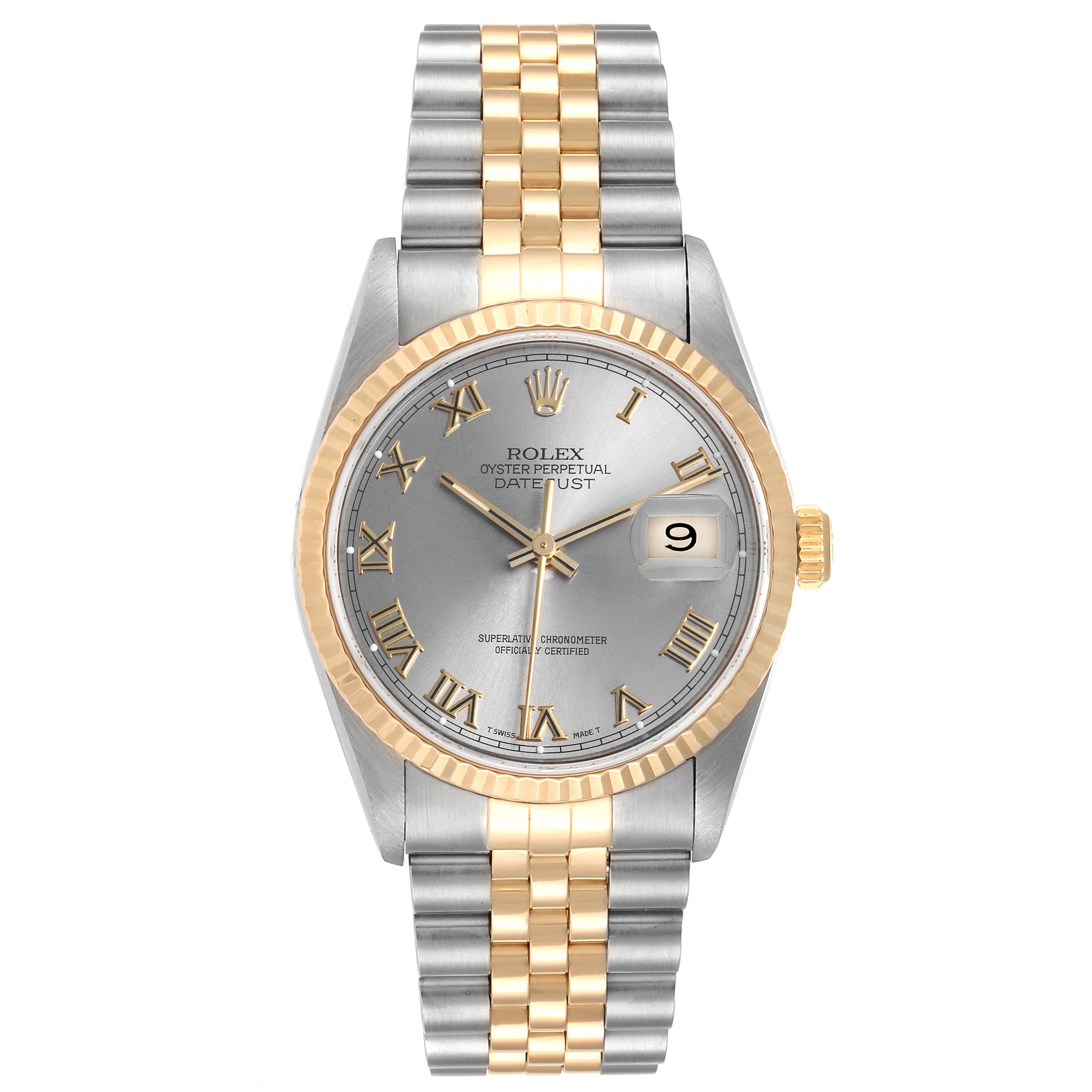 The image shows a front view of a Rolex Datejust 16233 Men
s Steel and Gold (two tone) Grey Dial 16233 Men
s Steel and Gold (two tone) Grey Dial watch, highlighting its two-tone bracelet, fluted bezel, and date display.
