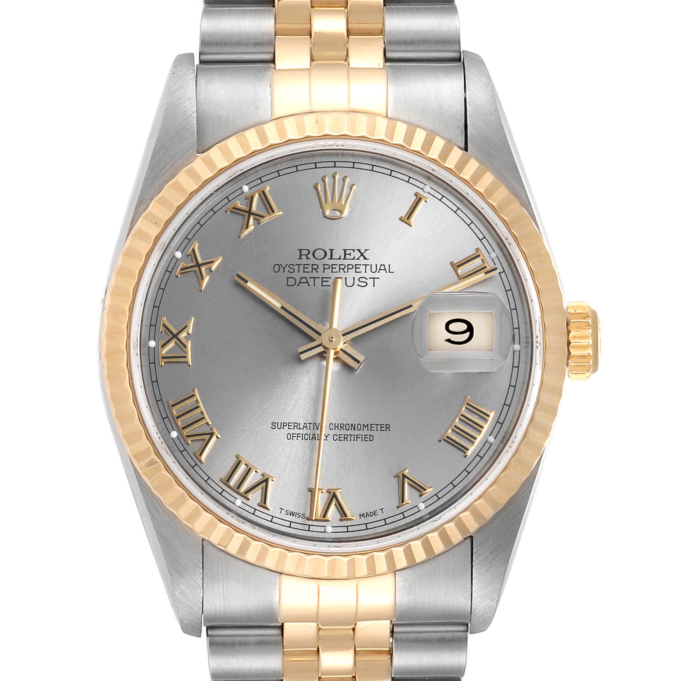This image shows the face and part of the band of a Rolex Datejust 16233 Men
s Steel and Gold (two tone) Grey Dial 16233 Men
s Steel and Gold (two tone) Grey Dial watch, including the crown and date magnifier.
