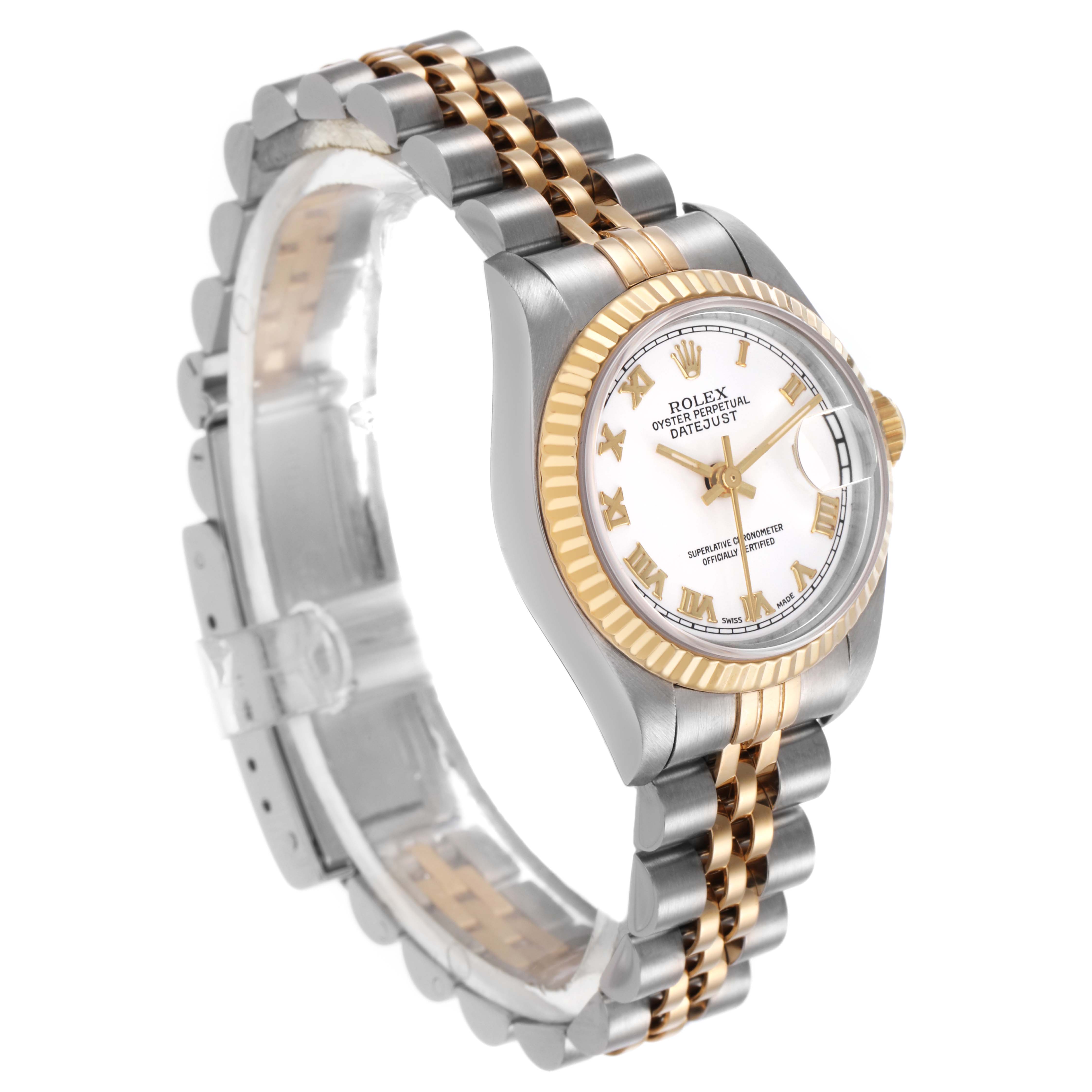 The Rolex Datejust 69173 Women's Steel and Gold (two tone) White Dial watch is shown at a three-quarter angle, displaying its face, bezel, and Jubilee bracelet.