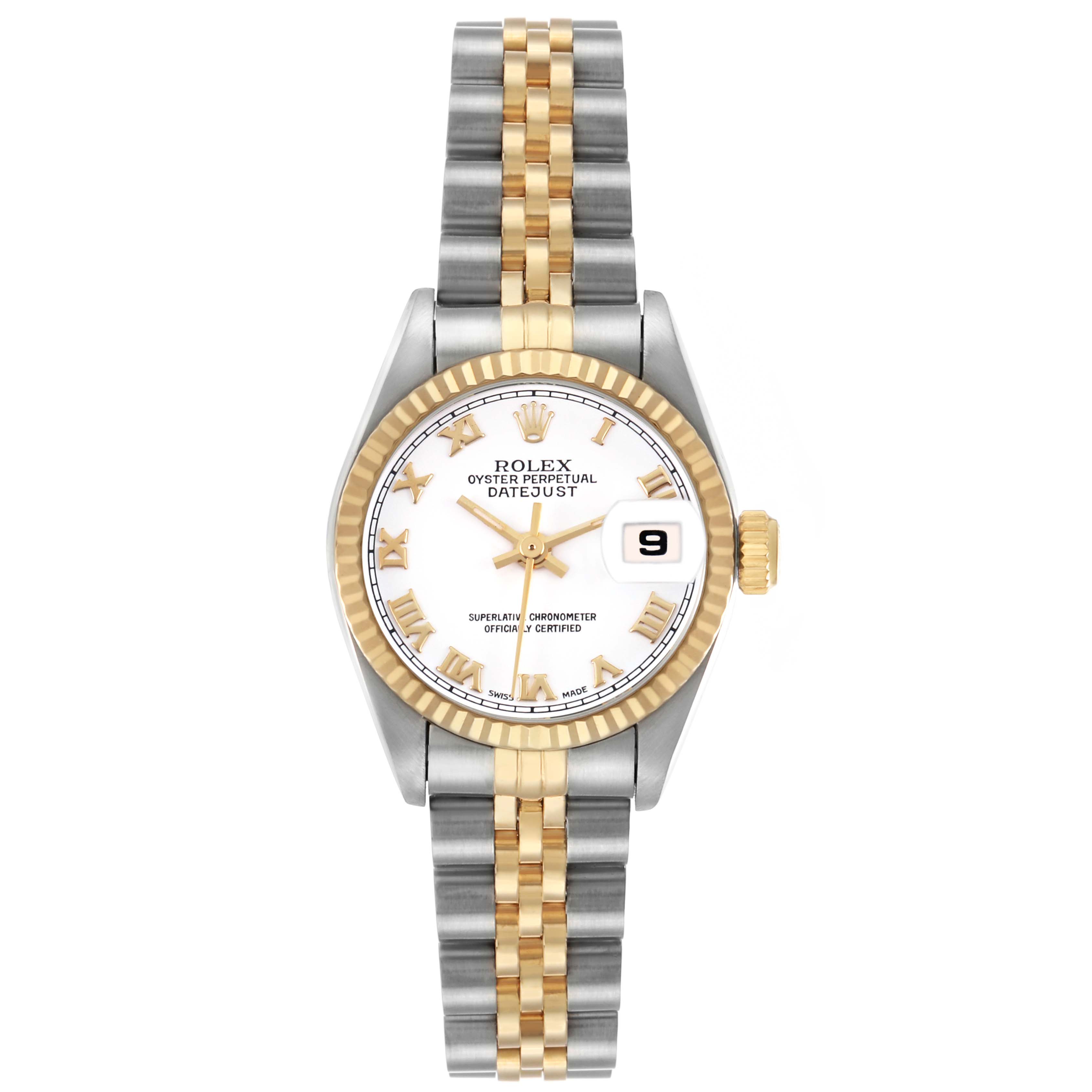 The Rolex Datejust 69173 Women's Steel and Gold (two tone) White Dial watch is shown from a top view, displaying the dial, bezel, case, and two-tone bracelet.