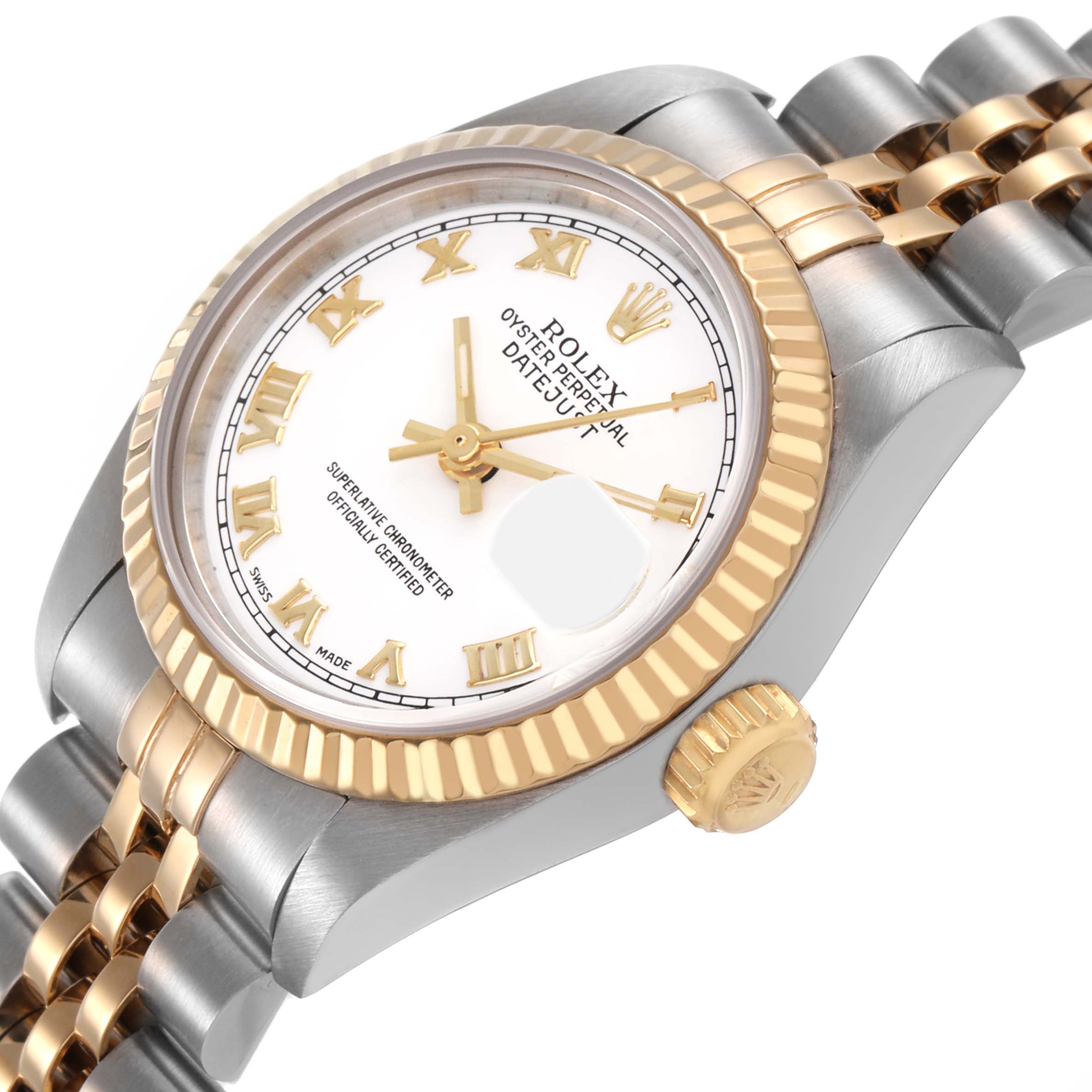 The Rolex Datejust 69173 Women's Steel and Gold (two tone) White Dial watch is shown at an angle highlighting the bezel, dial, crown, and bracelet.