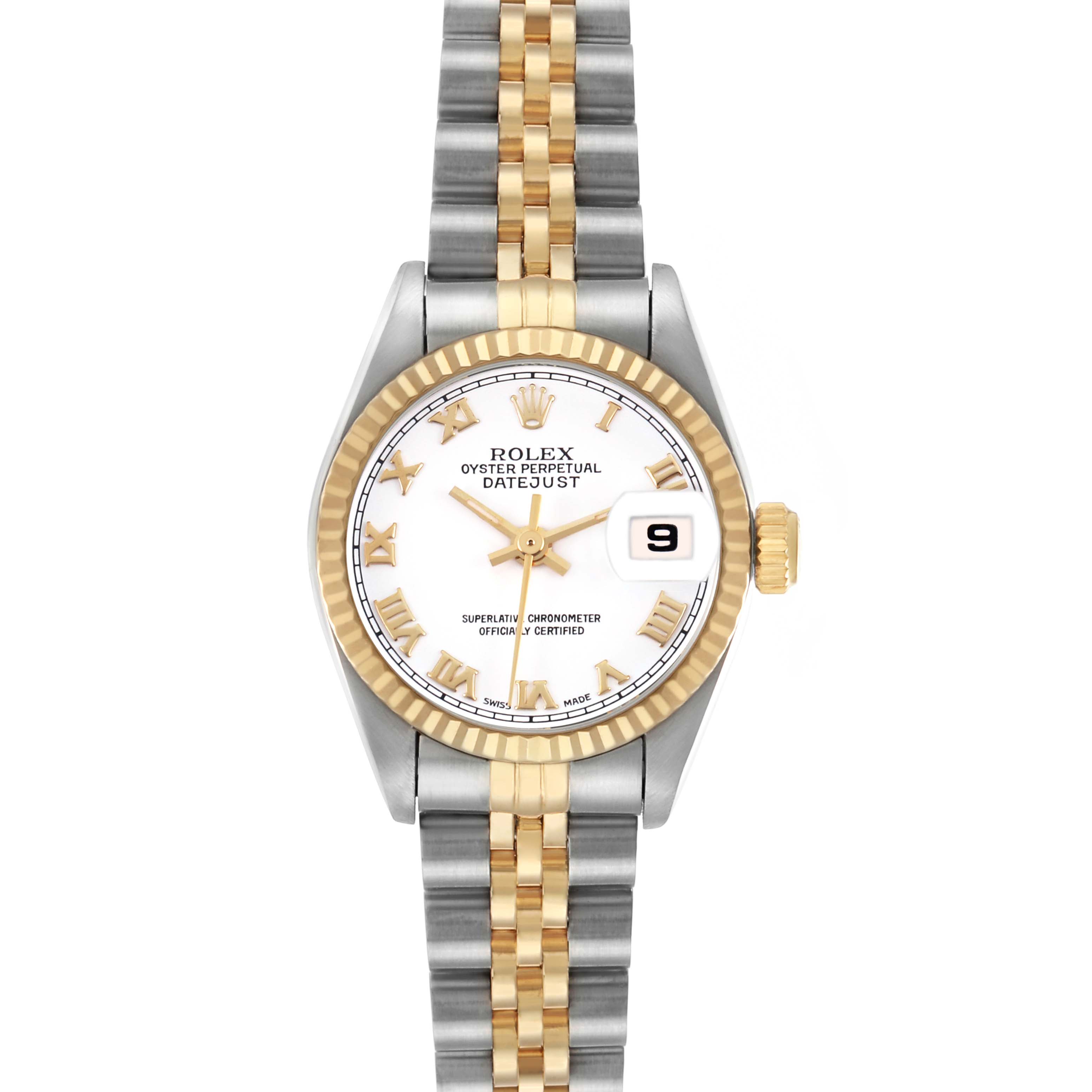 The Rolex Datejust 69173 Women's Steel and Gold (two tone) White Dial watch is shown from a top-down angle, displaying its dial, bezel, and two-tone bracelet.