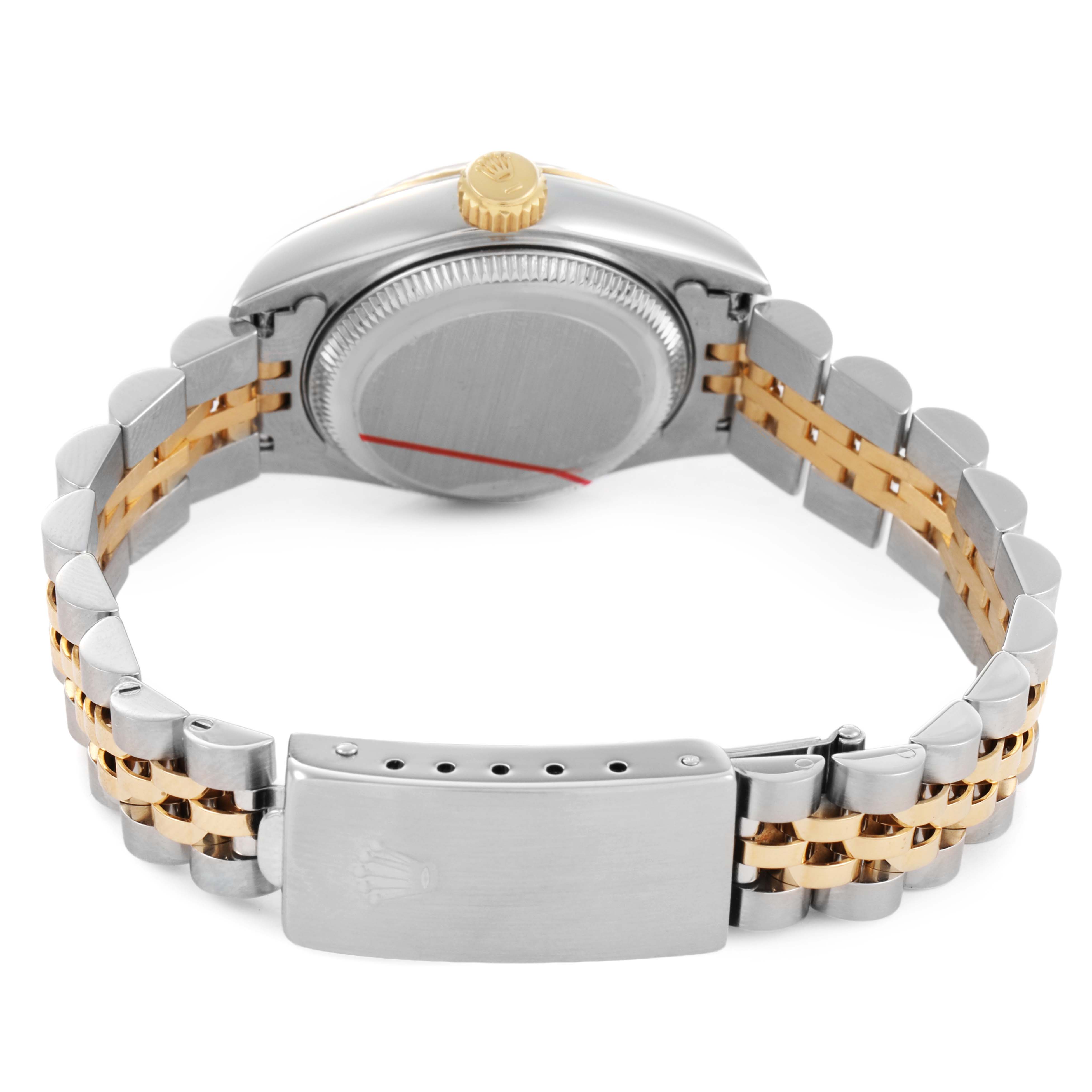 The image shows a Rolex Datejust 69173 Women's Steel and Gold (two tone) White Dial from the back, highlighting the clasp, bracelet, crown, and case back.