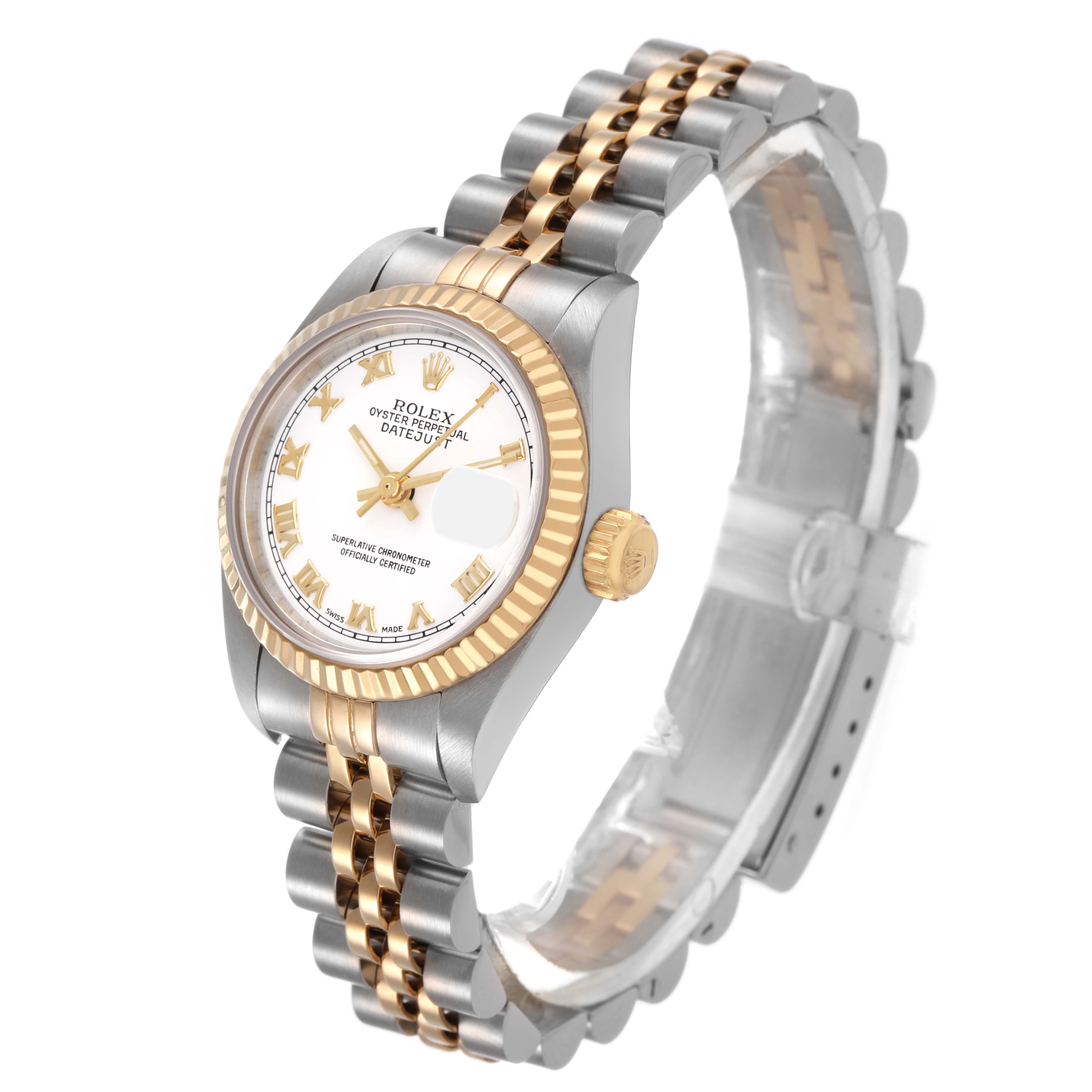 The Rolex Datejust 69173 Women's Steel and Gold (two tone) White Dial watch is shown at an angled side view, highlighting the face, bezel, crown, and two-tone bracelet.