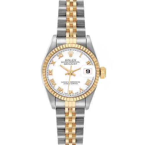 The Rolex Datejust 69173 Women's Steel and Gold (two tone) White Dial watch is shown from the front, highlighting the dial, bezel, and bracelet.