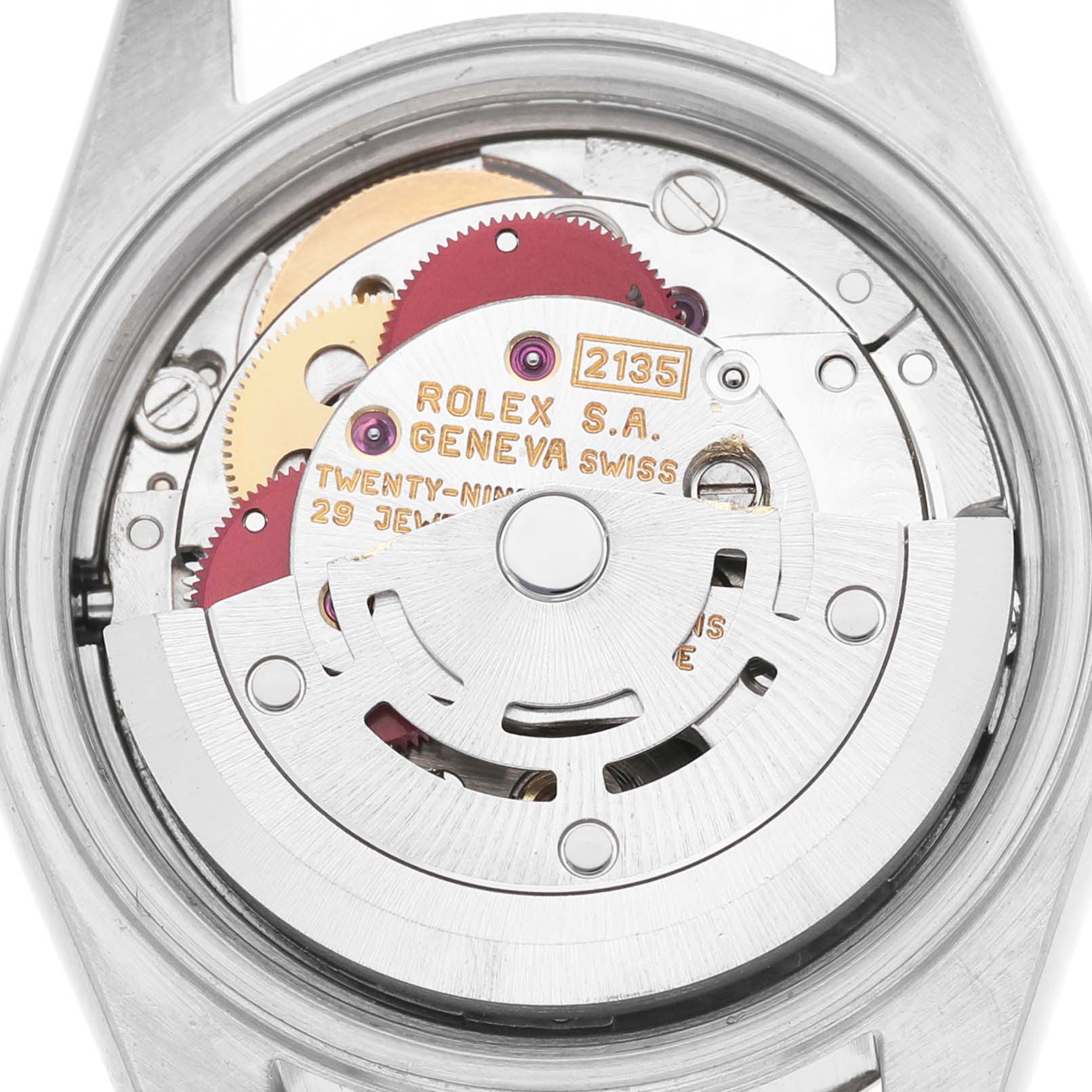 The image shows the internal movement mechanism of a Rolex Datejust 69173 Women's Steel and Gold (two tone) White Dial watch from a top-down angle.