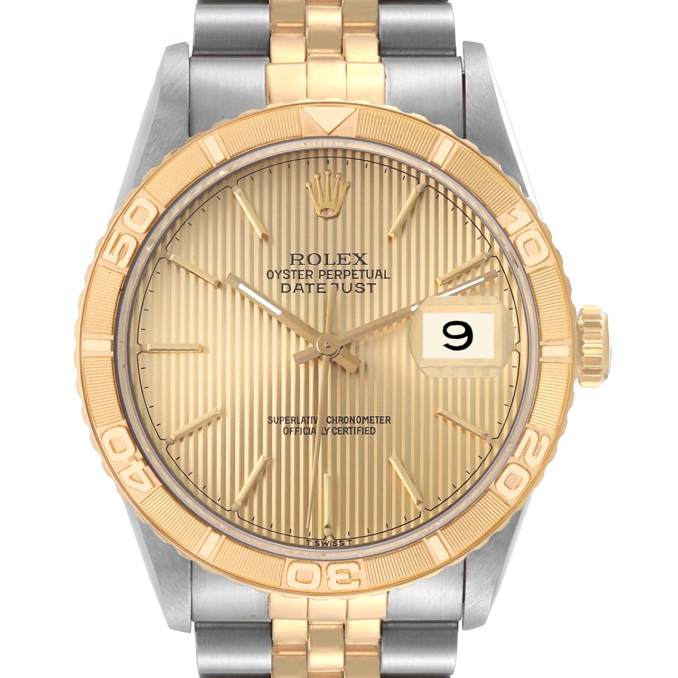 This image shows the front view of the Rolex Turn-o-Graph 16263 Men's Steel and Gold (two tone) Champagne Dial 16263 Men's Steel and Gold (two tone) Champagne Dial model, highlighting its gold dial, bezel, and two-tone bracelet.