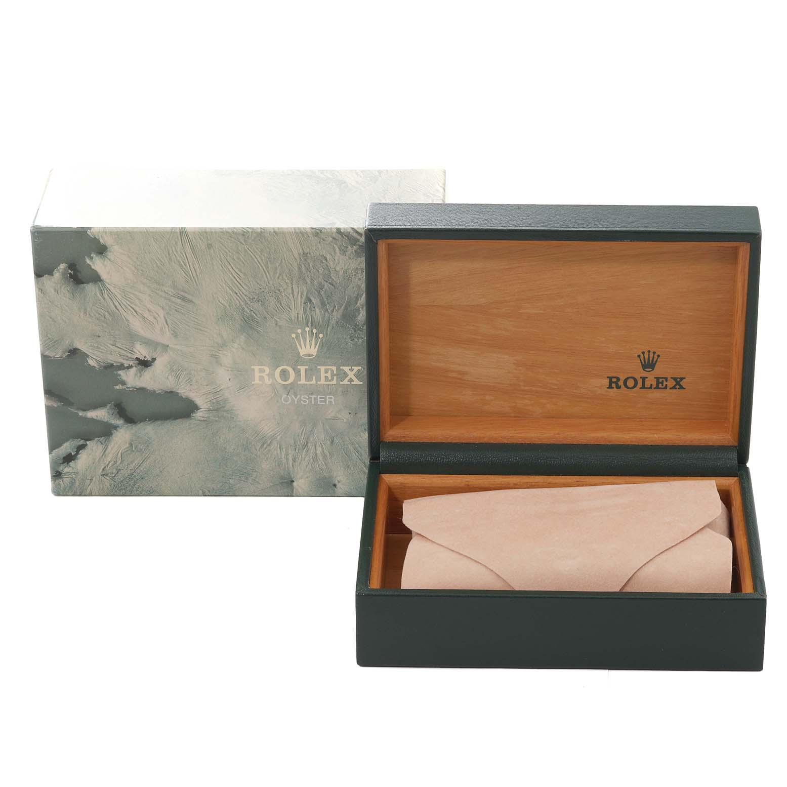 The image shows an open Rolex Turn-o-Graph 16263 Men's Steel and Gold (two tone) Champagne Dial 16263 Men's Steel and Gold (two tone) Champagne Dial box from a top-front angle displaying the interior fabric lining.