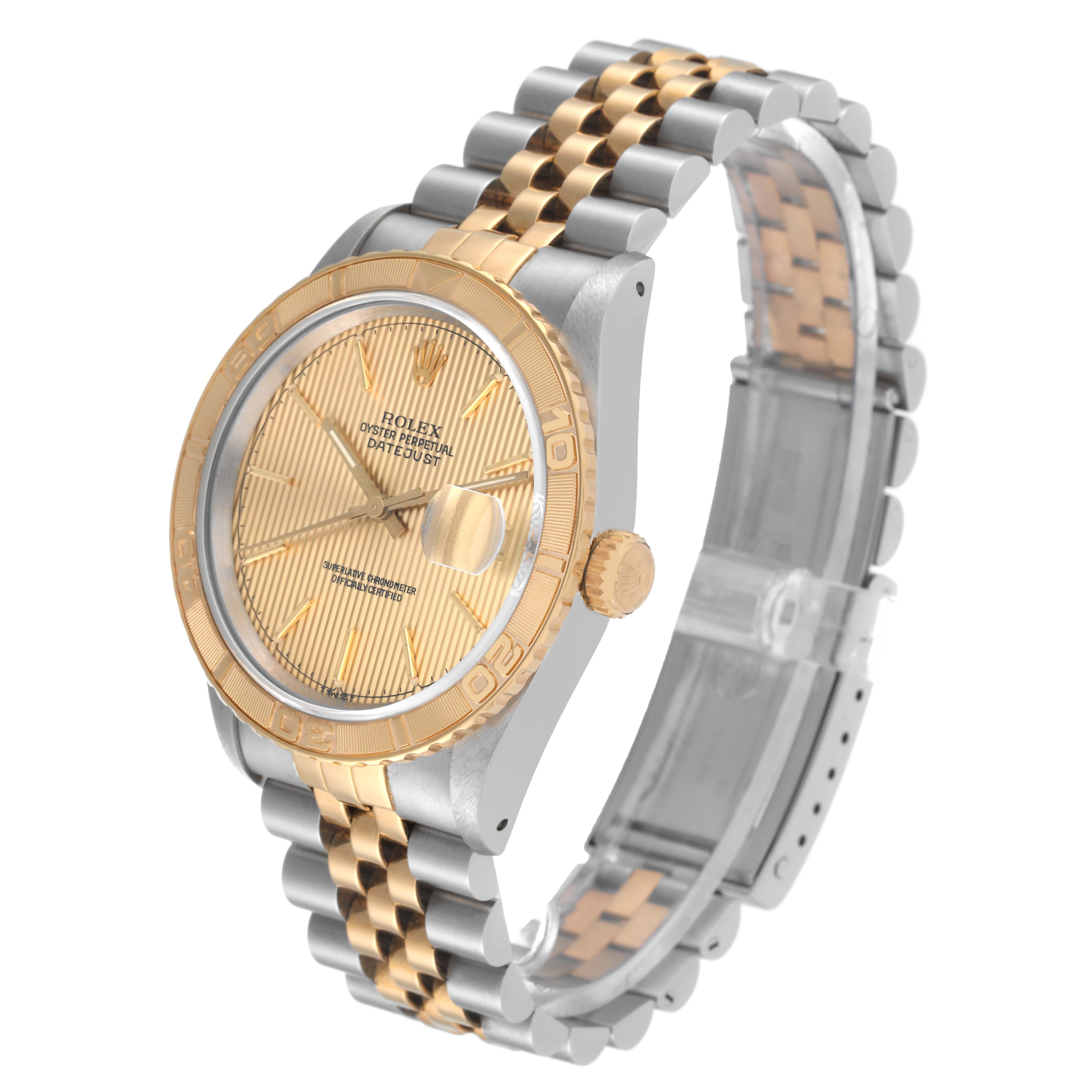 The image shows a side angle of a Rolex Turn-o-Graph 16263 Men's Steel and Gold (two tone) Champagne Dial 16263 Men's Steel and Gold (two tone) Champagne Dial watch, displaying its gold and silver bracelet and detailed dial.