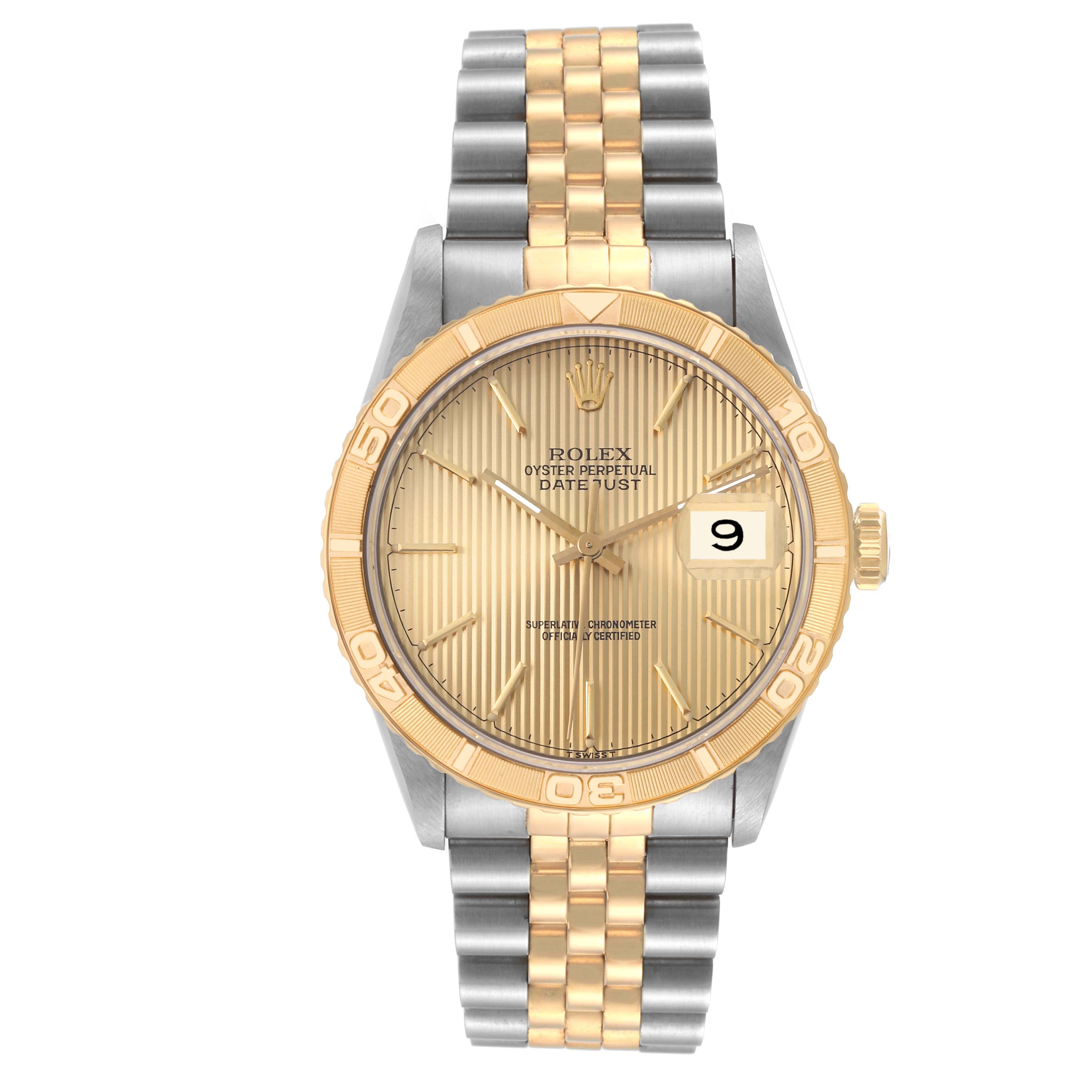 The image shows a front view of the Rolex Turn-o-Graph 16263 Men's Steel and Gold (two tone) Champagne Dial 16263 Men's Steel and Gold (two tone) Champagne Dial watch with a gold and silver bracelet, gold bezel, and date display.