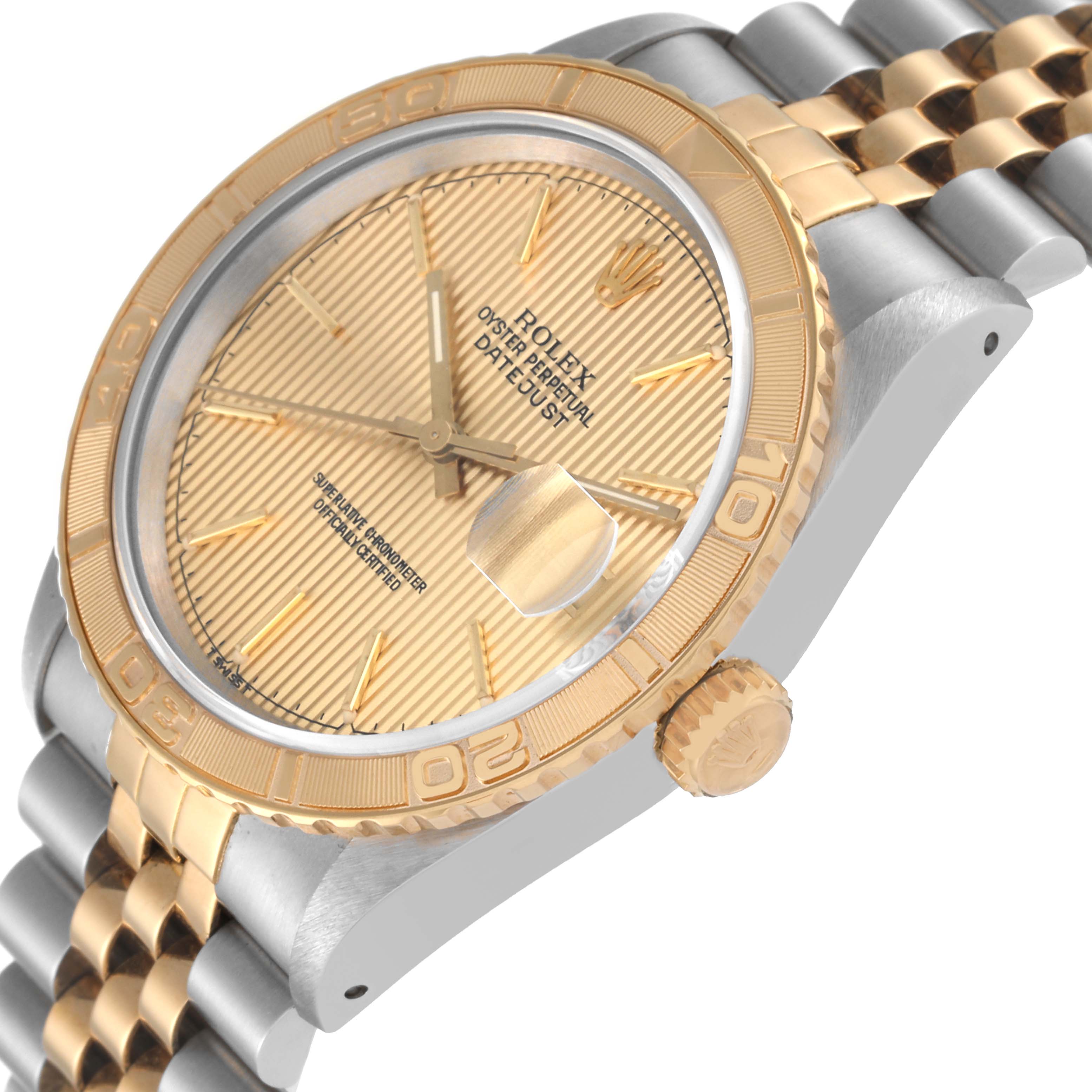 The image shows a side and partial top view of the Rolex Turn-o-Graph 16263 Men's Steel and Gold (two tone) Champagne Dial 16263 Men's Steel and Gold (two tone) Champagne Dial watch, highlighting the dial, bezel, crown, and bracelet.