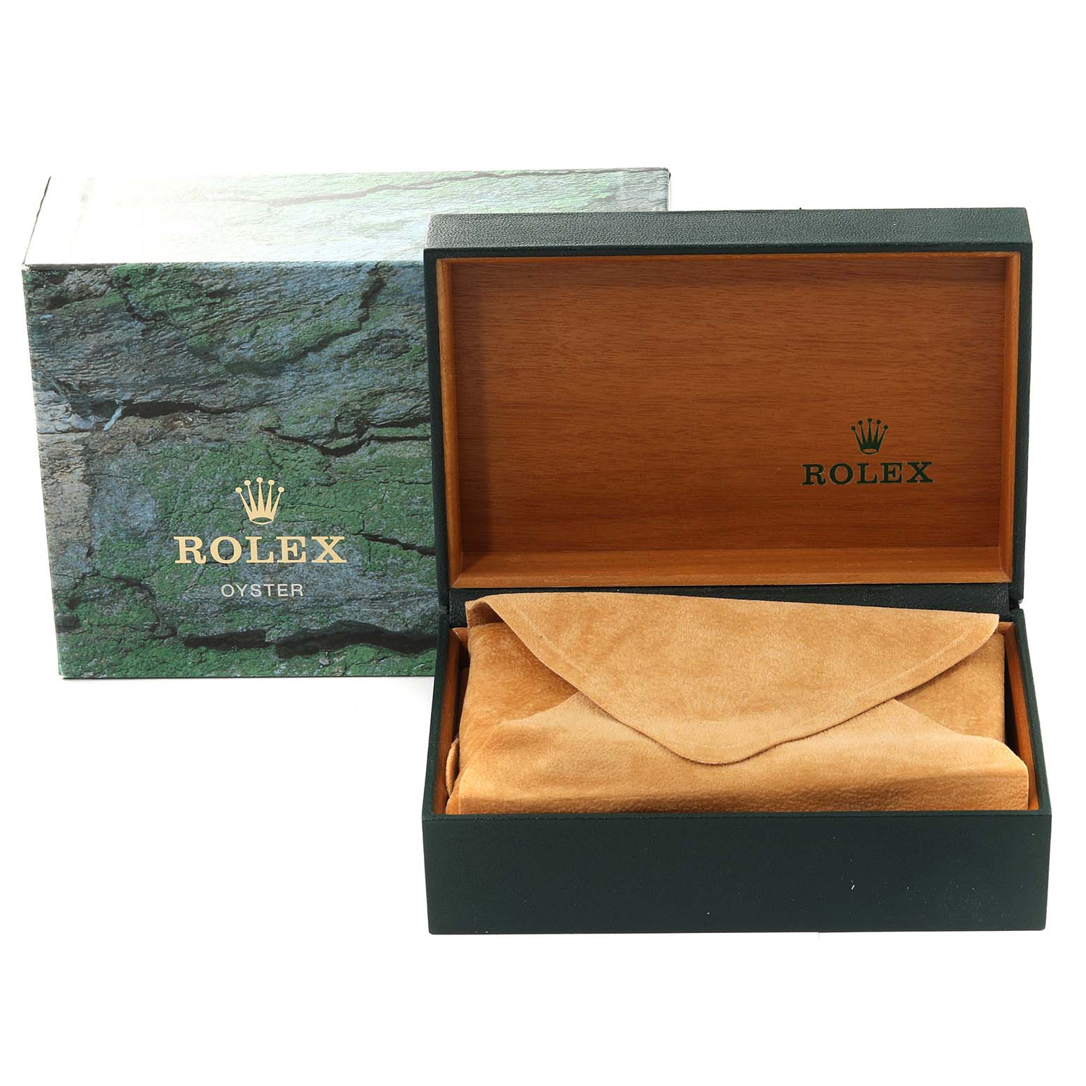 This image shows the original Rolex Datejust 16220 Men
s Stainless Steel White Dial 16220 Men
s Stainless Steel White Dial watch box and an inner suede pouch.