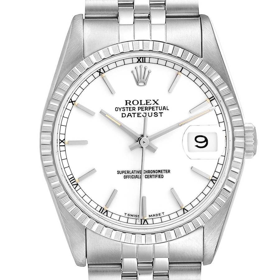 Rolex Datejust White Dial Engine Turned Bezel Steel Mens Watch 16220 SwissWatchExpo