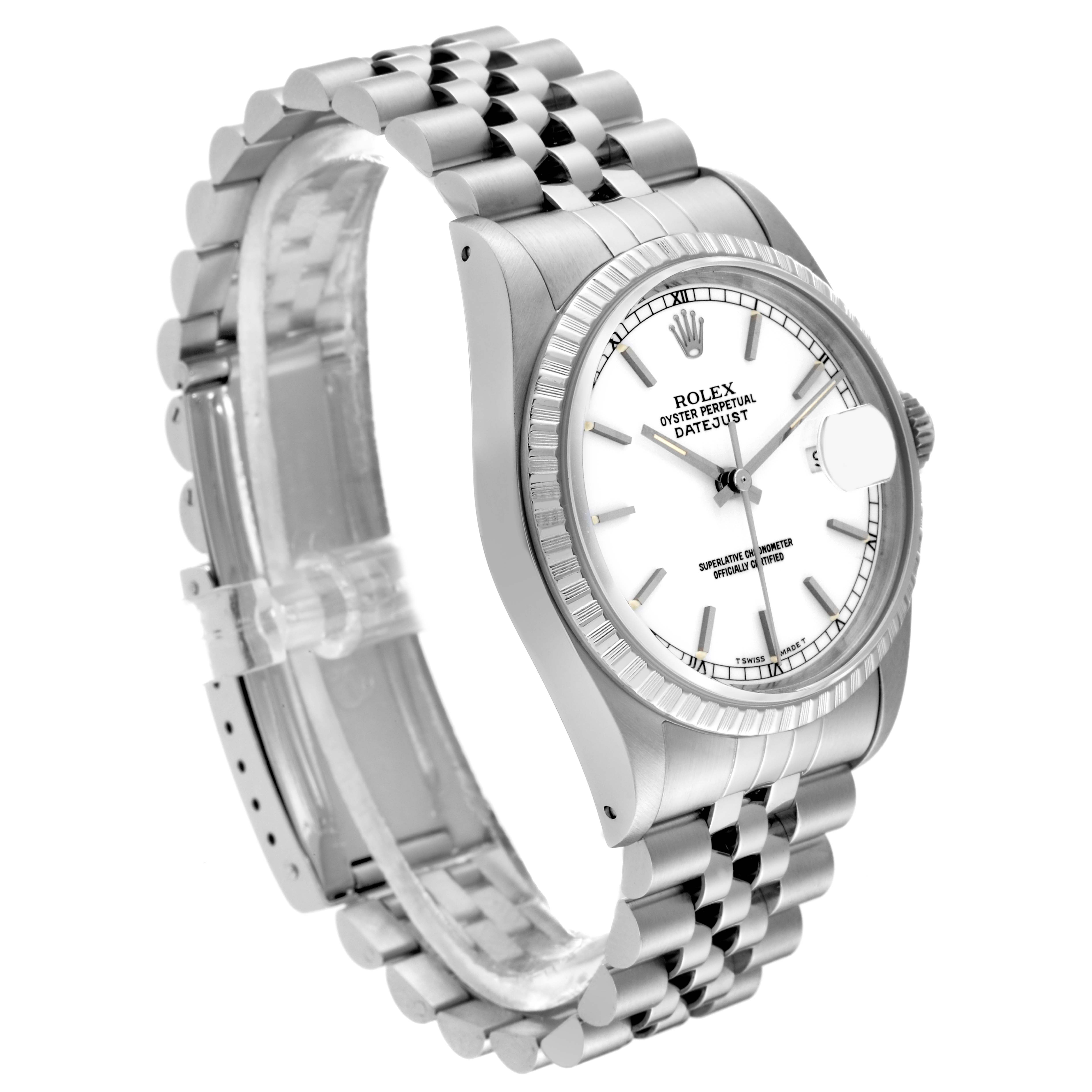 The Rolex Datejust 16220 Men
s Stainless Steel White Dial 16220 Men
s Stainless Steel White Dial watch is shown at an angled top-down view, displaying the watch face, bezel, and jubilee bracelet.