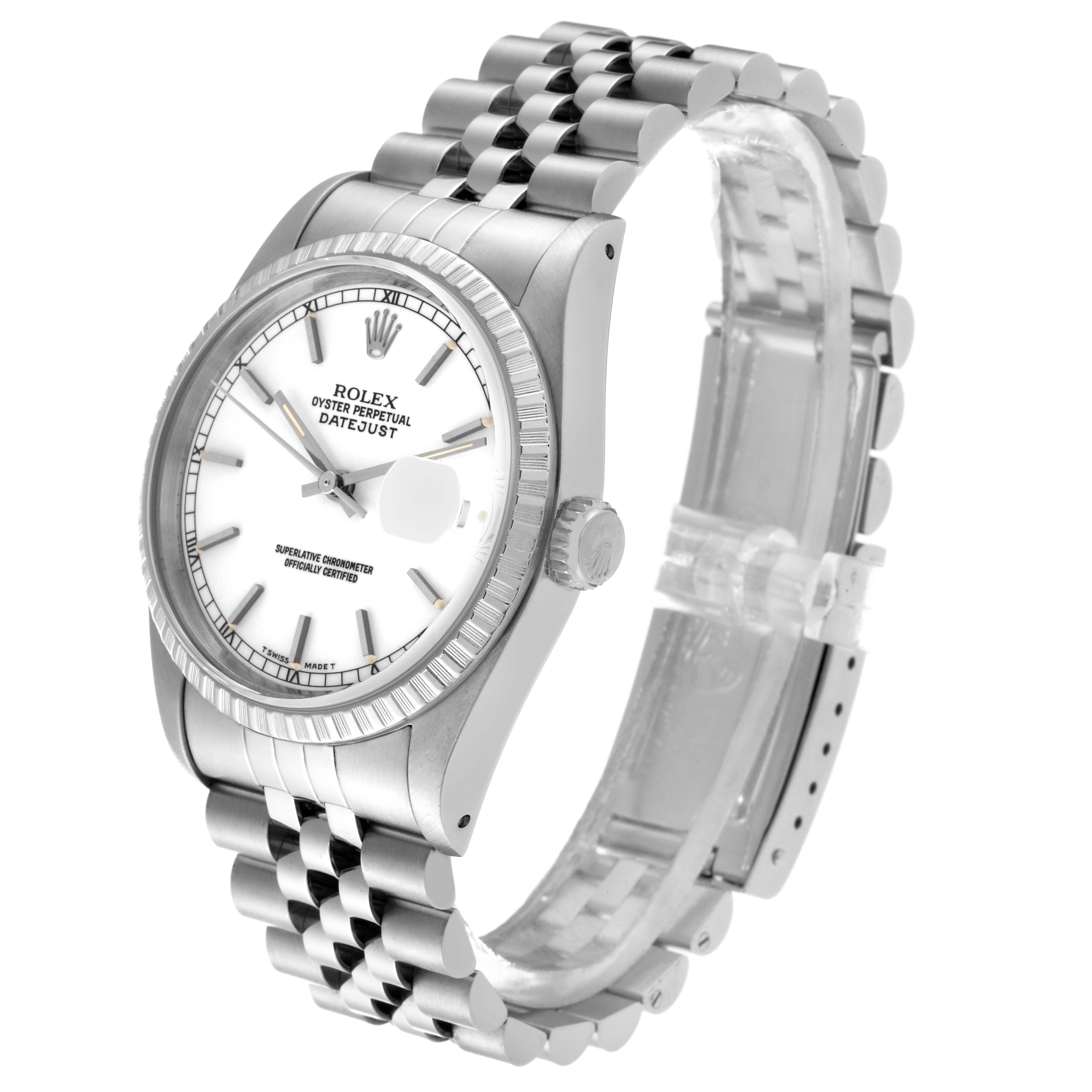 The Rolex Datejust 16220 Men
s Stainless Steel White Dial 16220 Men
s Stainless Steel White Dial watch is shown at a three-quarter angle, highlighting the face, crown, and a portion of the bracelet.