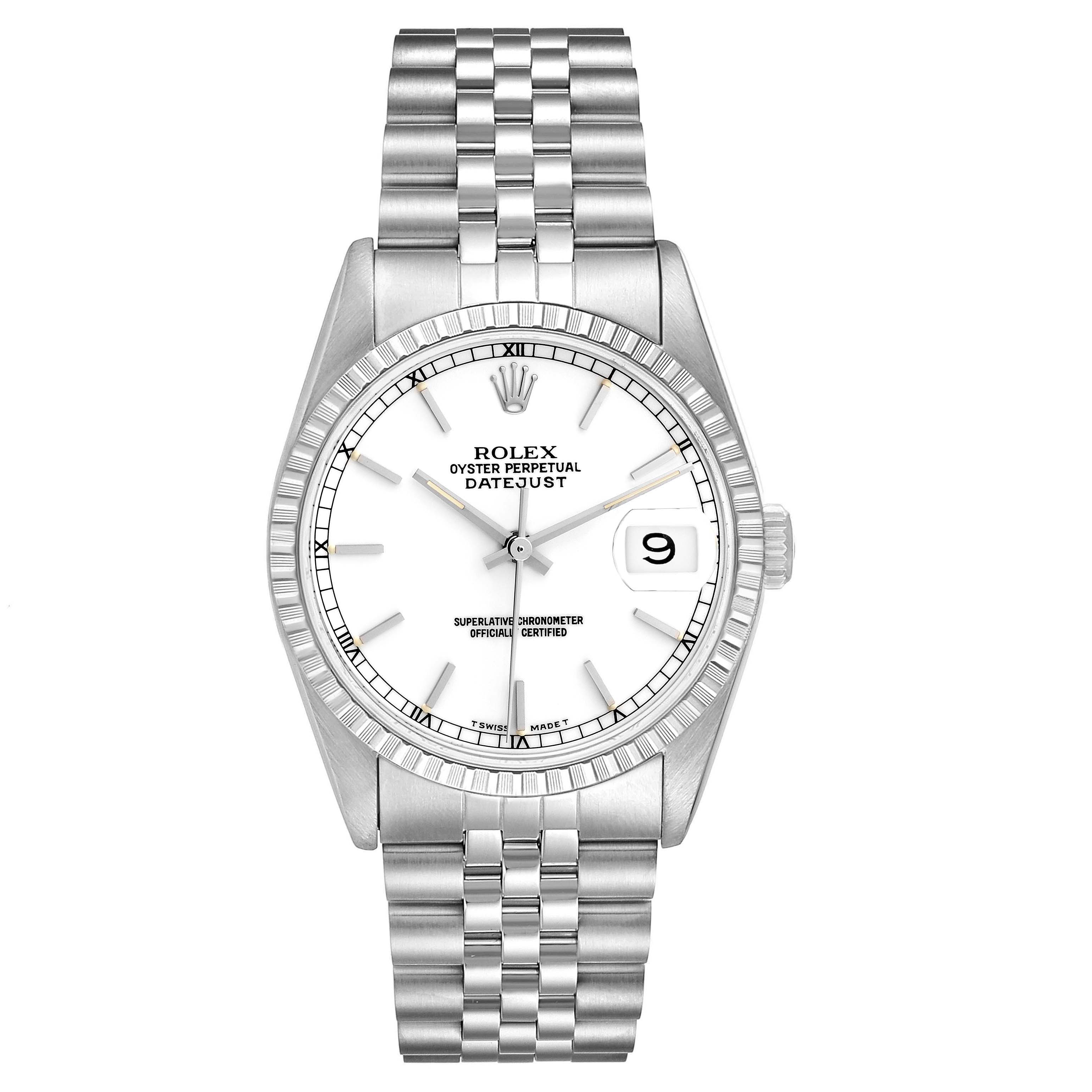 The Rolex Datejust 16220 Men
s Stainless Steel White Dial 16220 Men
s Stainless Steel White Dial watch is shown from a front angle, displaying the dial, bezel, and bracelet.