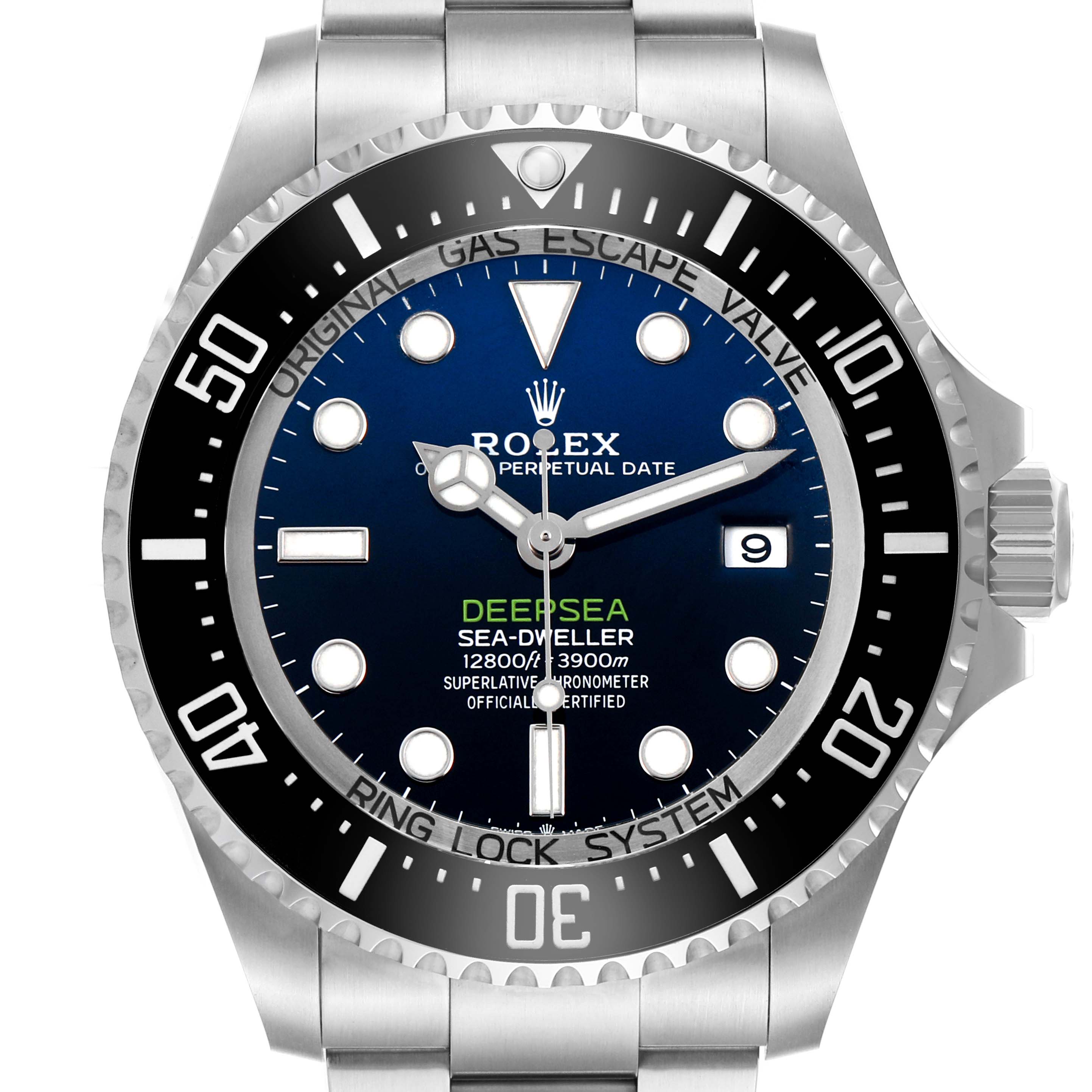 The Rolex Sea-Dweller 136660 Men's Stainless Steel Blue Dial watch is shown from the front, highlighting the face, bezel, crown, and lugs.