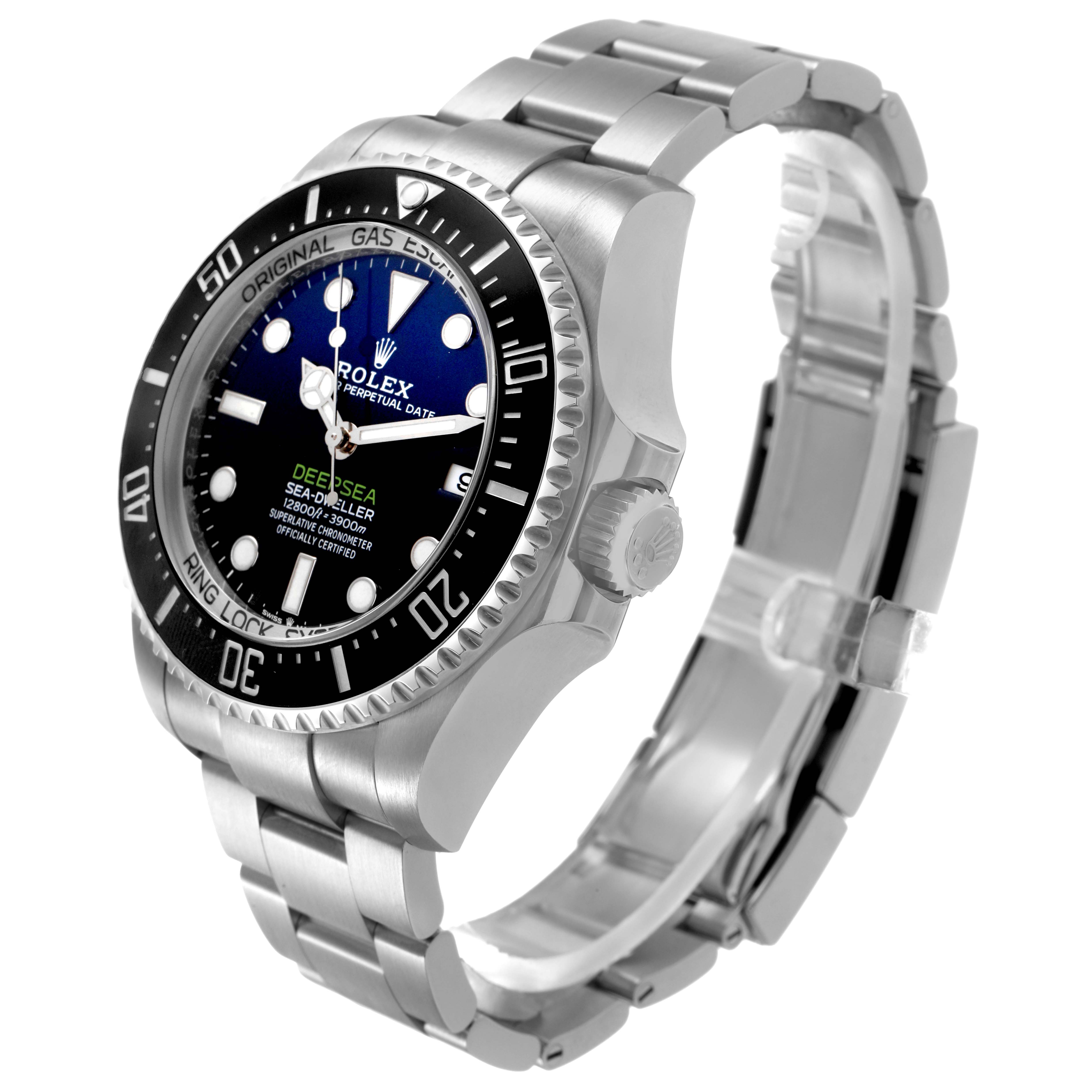 The Rolex Sea-Dweller 136660 Men's Stainless Steel Blue Dial watch is shown from a three-quarter angle, displaying the face, bezel, and bracelet.