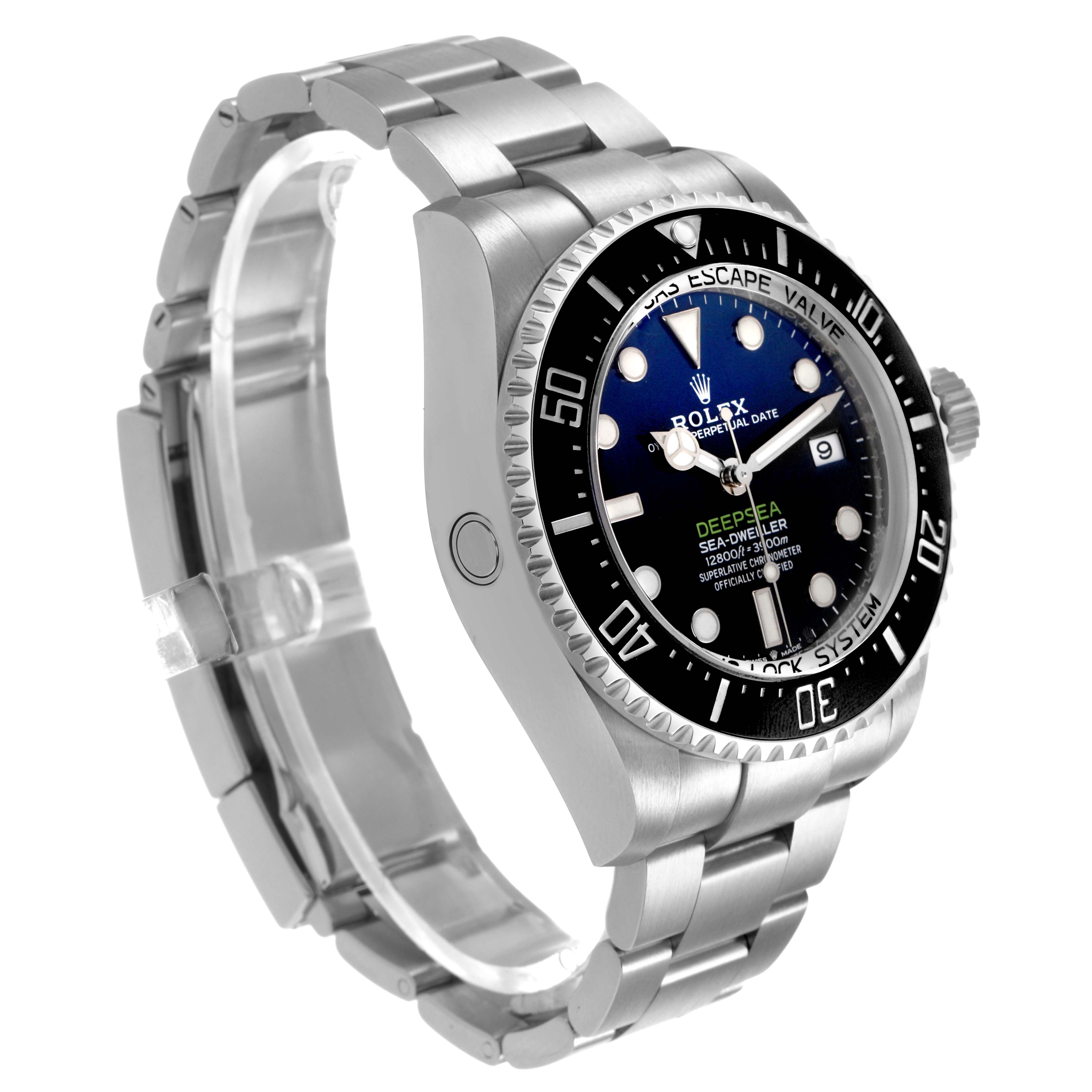 The Rolex Sea-Dweller 136660 Men's Stainless Steel Blue Dial watch is shown at a quarter angle, displaying the bracelet, bezel, and face with visible markings.
