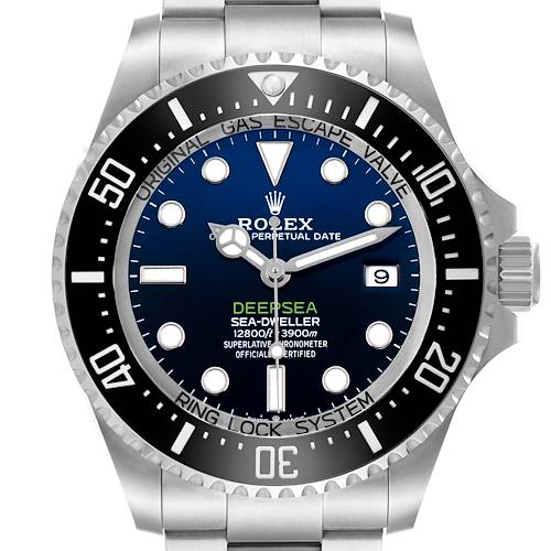The Rolex Sea-Dweller 136660 Men's Stainless Steel Blue Dial watch is shown from the front highlighting the dial, bezel, and part of the bracelet.