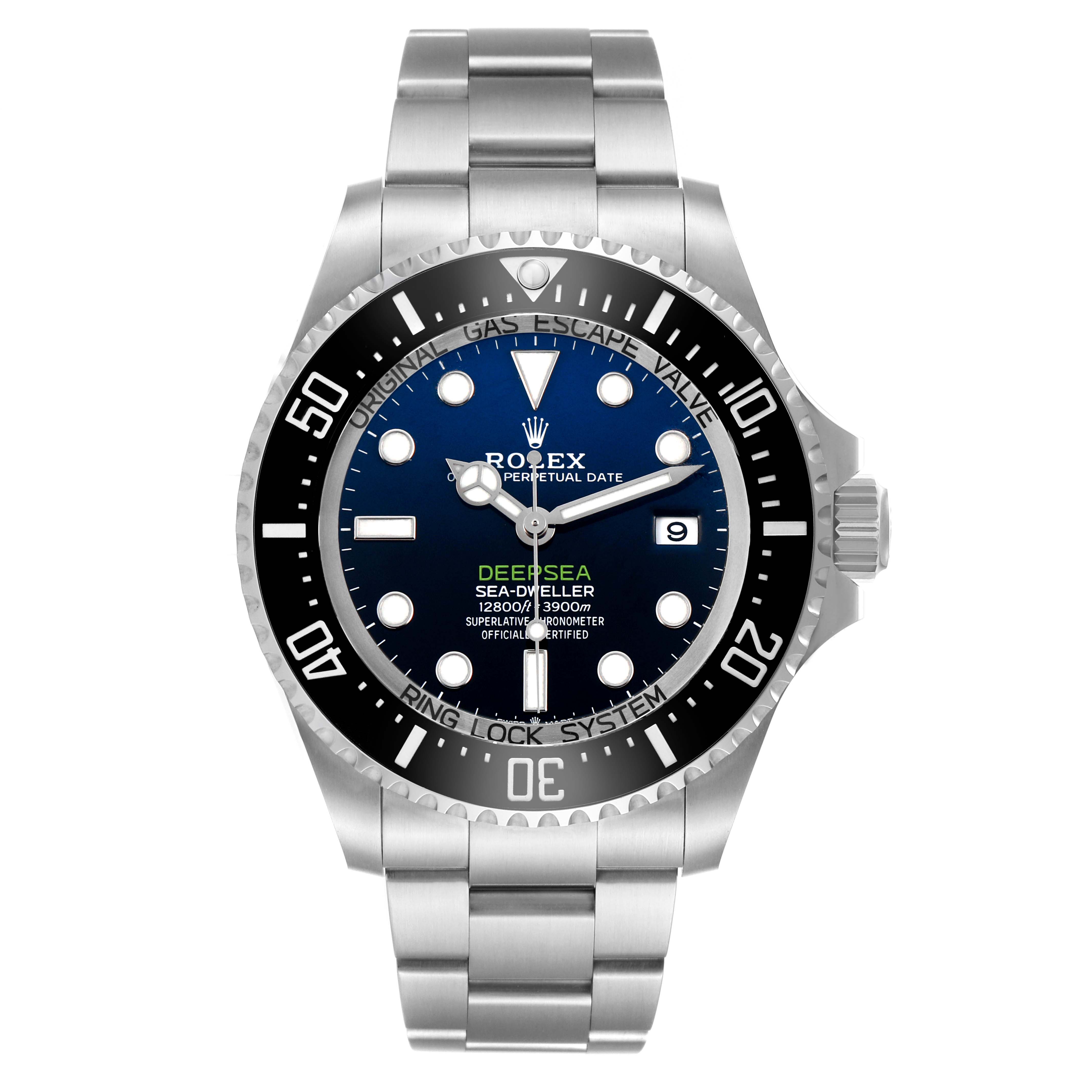The Rolex Sea-Dweller 136660 Men's Stainless Steel Blue Dial watch is shown from the front, displaying the dial, bezel, and bracelet.