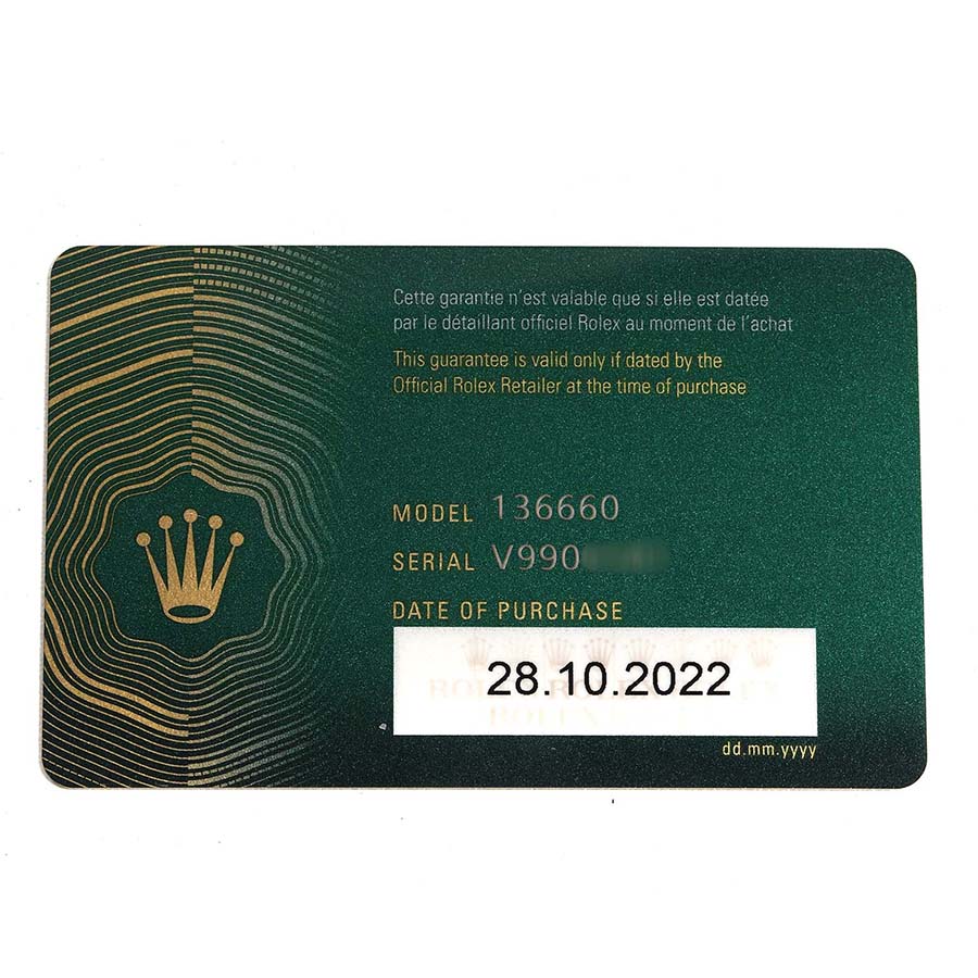 The image shows a warranty card for the Rolex Sea-Dweller 136660 Men's Stainless Steel Blue Dial, model number 136660.