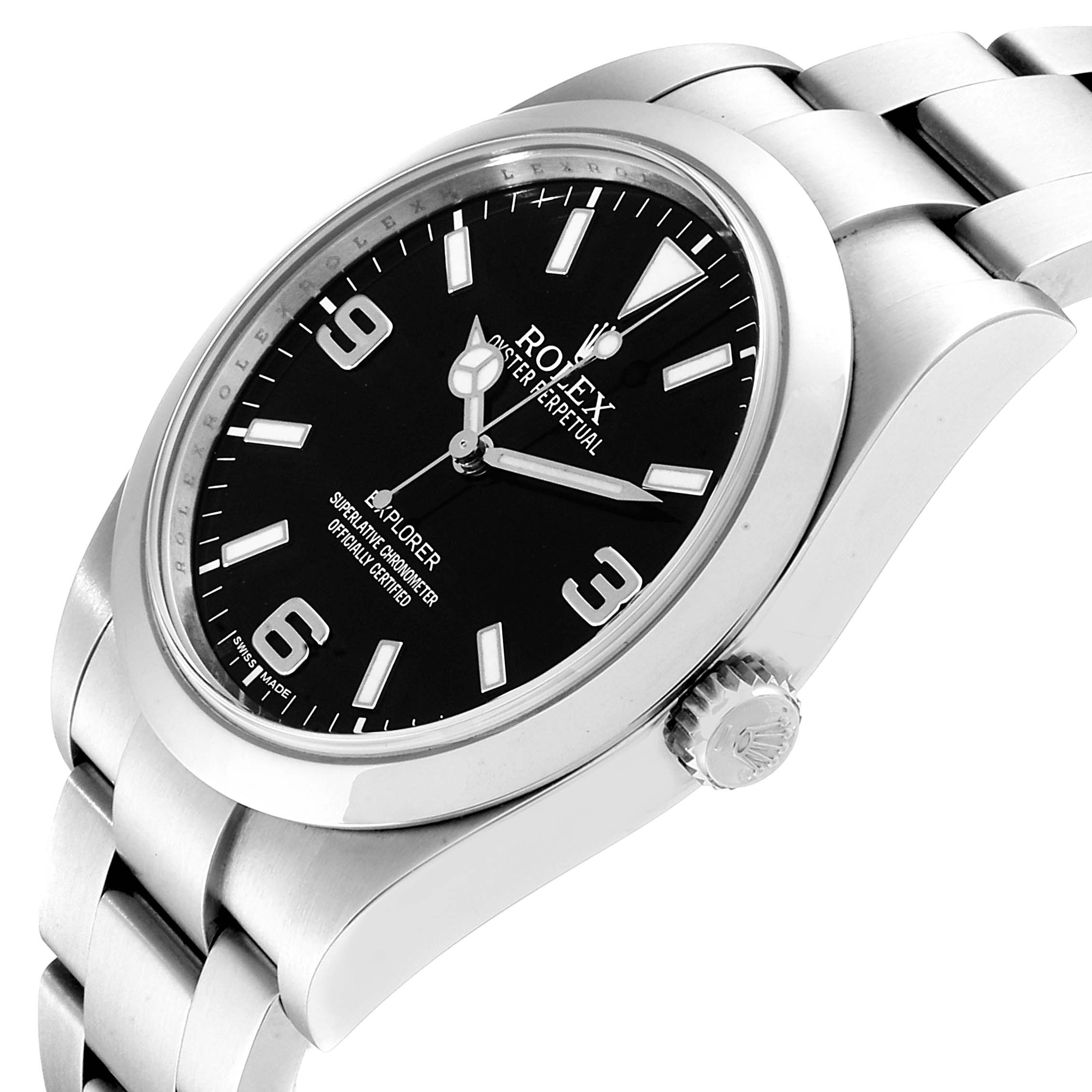 The Rolex Explorer 214270 Men
s Stainless Steel Black Dial 214270 Men
s Stainless Steel Black Dial watch is shown at a slight angle, displaying the face, crown, and part of the bracelet.