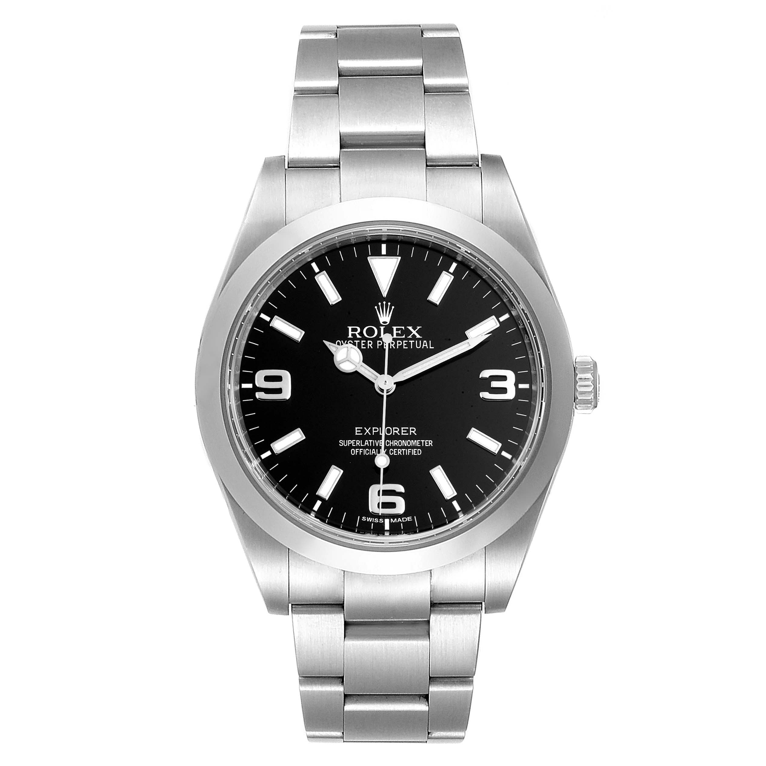 The image shows a front view of a Rolex Explorer 214270 Men
s Stainless Steel Black Dial 214270 Men
s Stainless Steel Black Dial watch, displaying its face, bezel, and stainless steel bracelet.