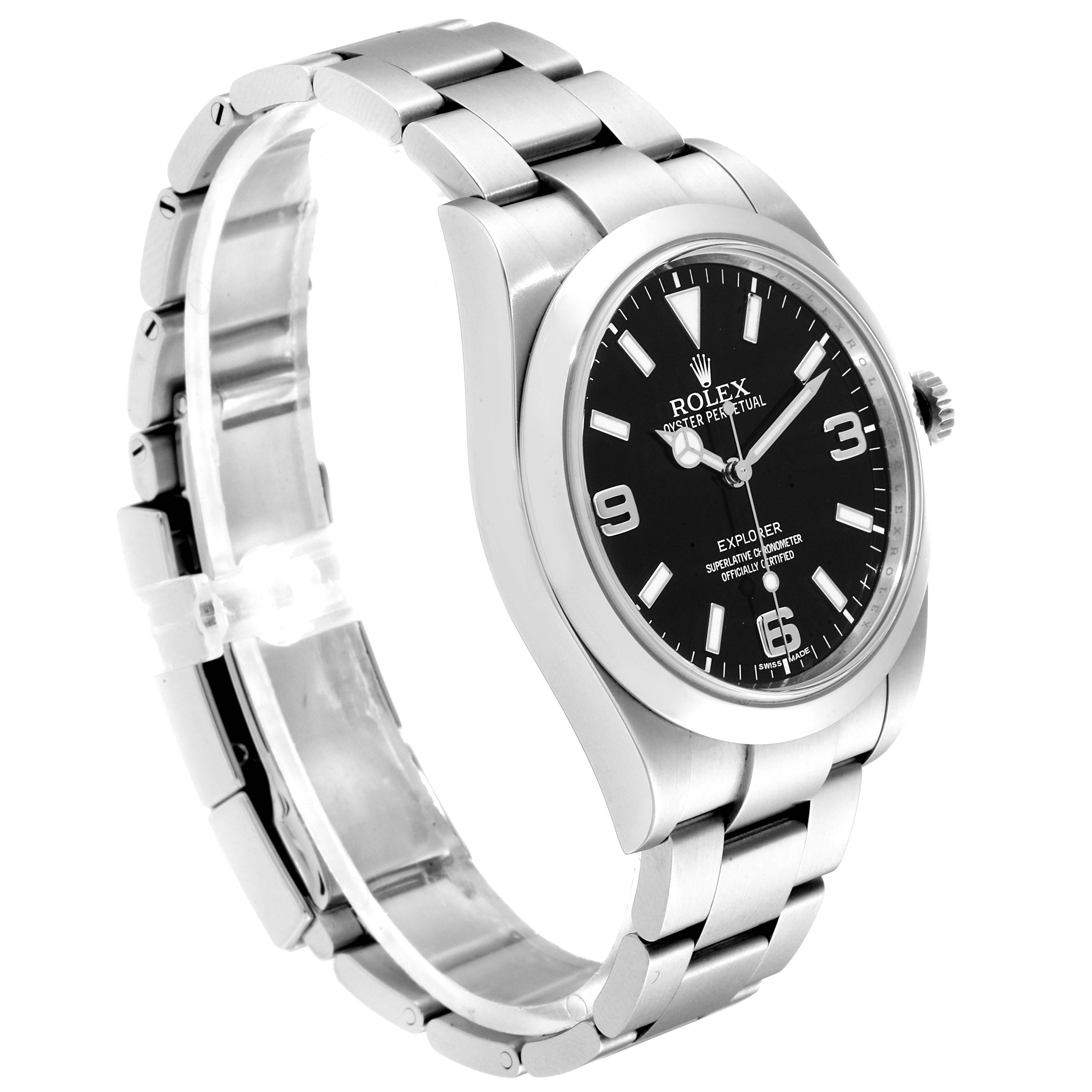 The Rolex Explorer 214270 Men
s Stainless Steel Black Dial 214270 Men
s Stainless Steel Black Dial watch is shown at a front angle, highlighting the face, bezel, and stainless steel bracelet.