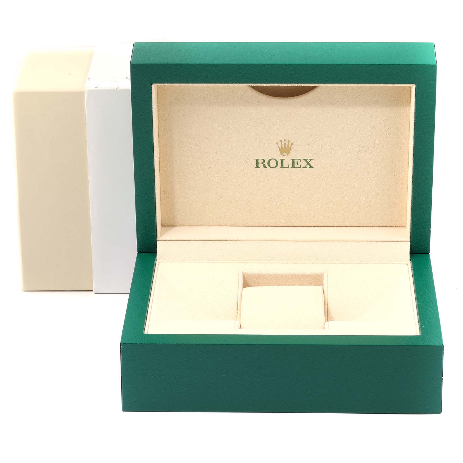 This image shows an open Rolex Explorer 214270 Men
s Stainless Steel Black Dial 214270 Men
s Stainless Steel Black Dial watch box with the brand logo prominently displayed inside the lid.