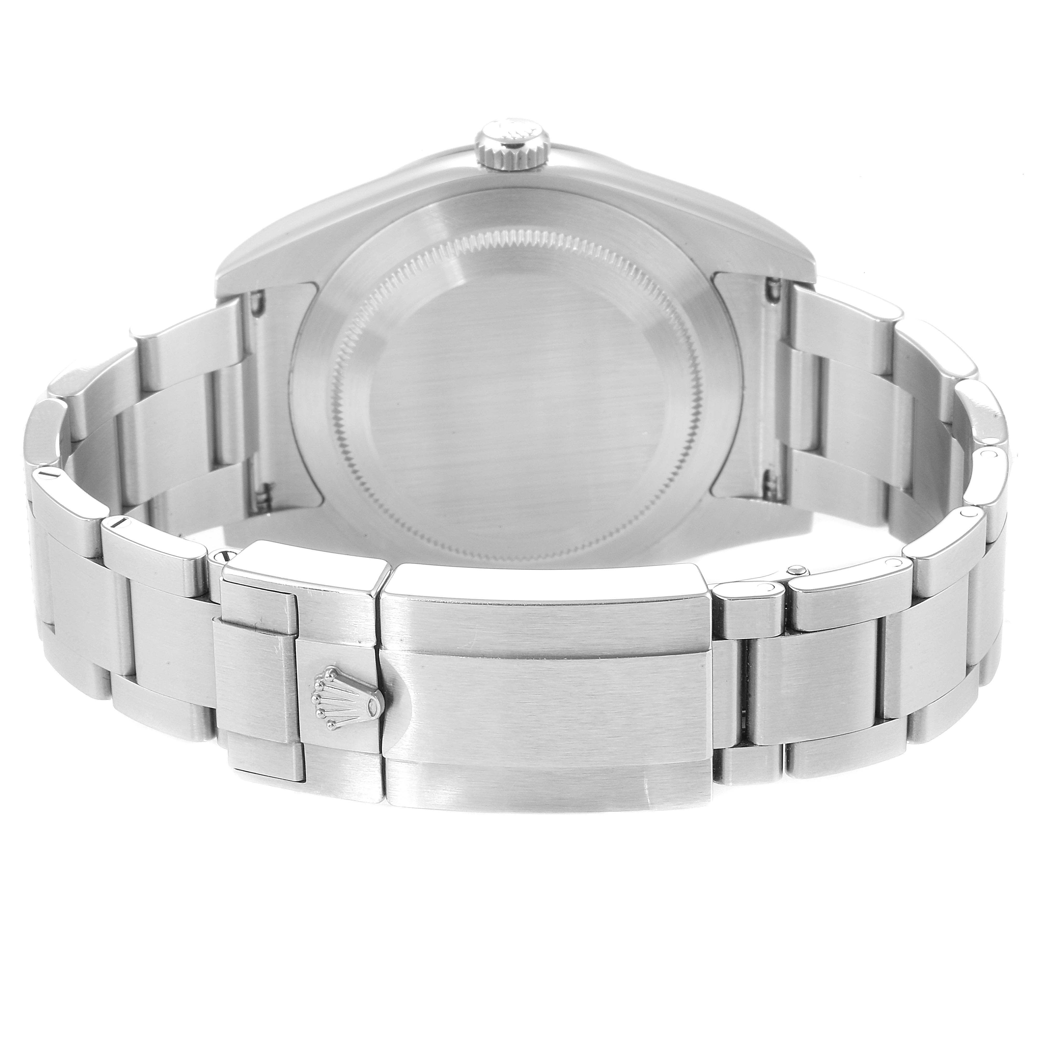 The image shows the back view of the Rolex Explorer 214270 Men
s Stainless Steel Black Dial 214270 Men
s Stainless Steel Black Dial watch, featuring its case, bracelet, and clasp.