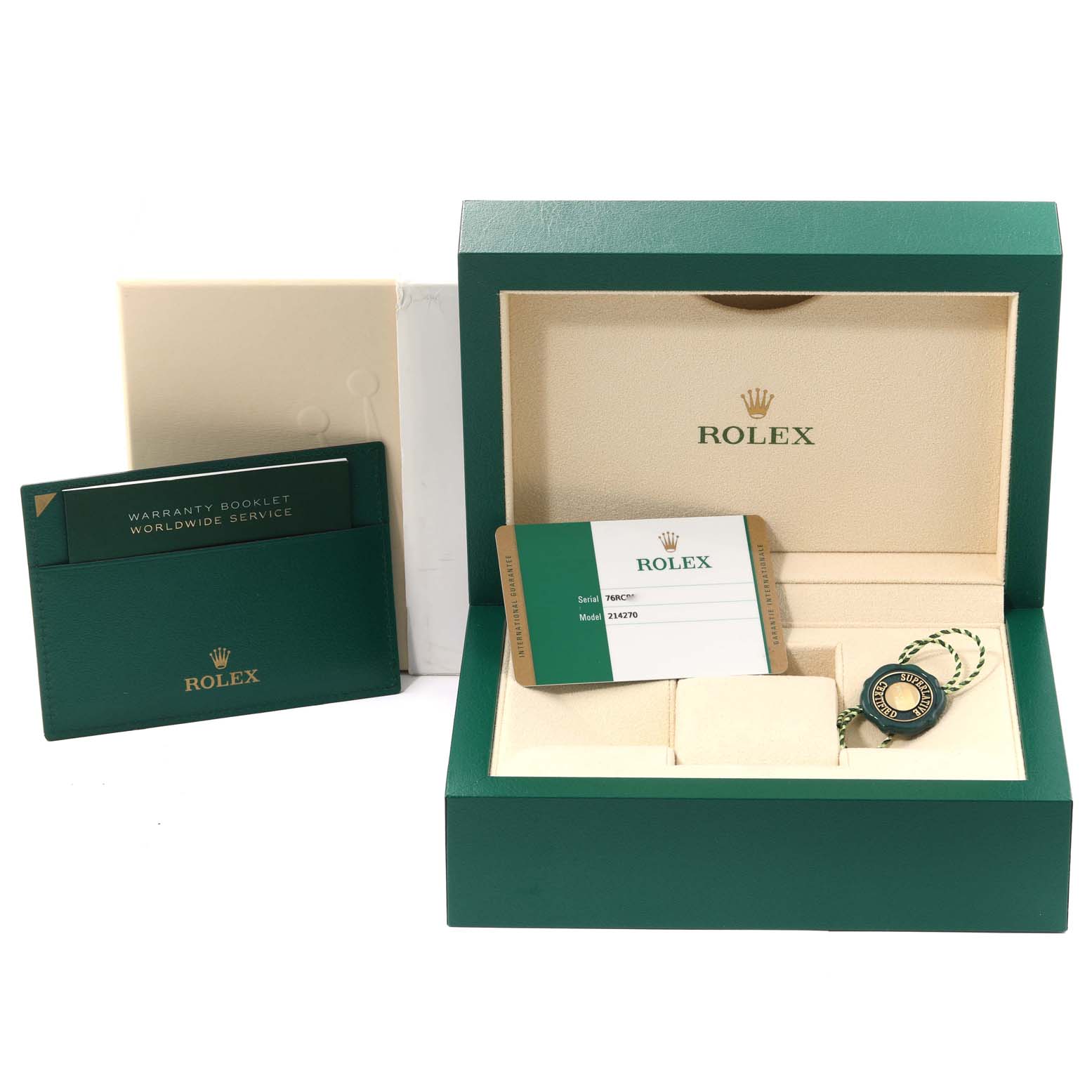 This image shows the box, warranty booklet, warranty card, and tag for a Rolex Explorer 214270 Men
s Stainless Steel Black Dial 214270 Men
s Stainless Steel Black Dial watch.
