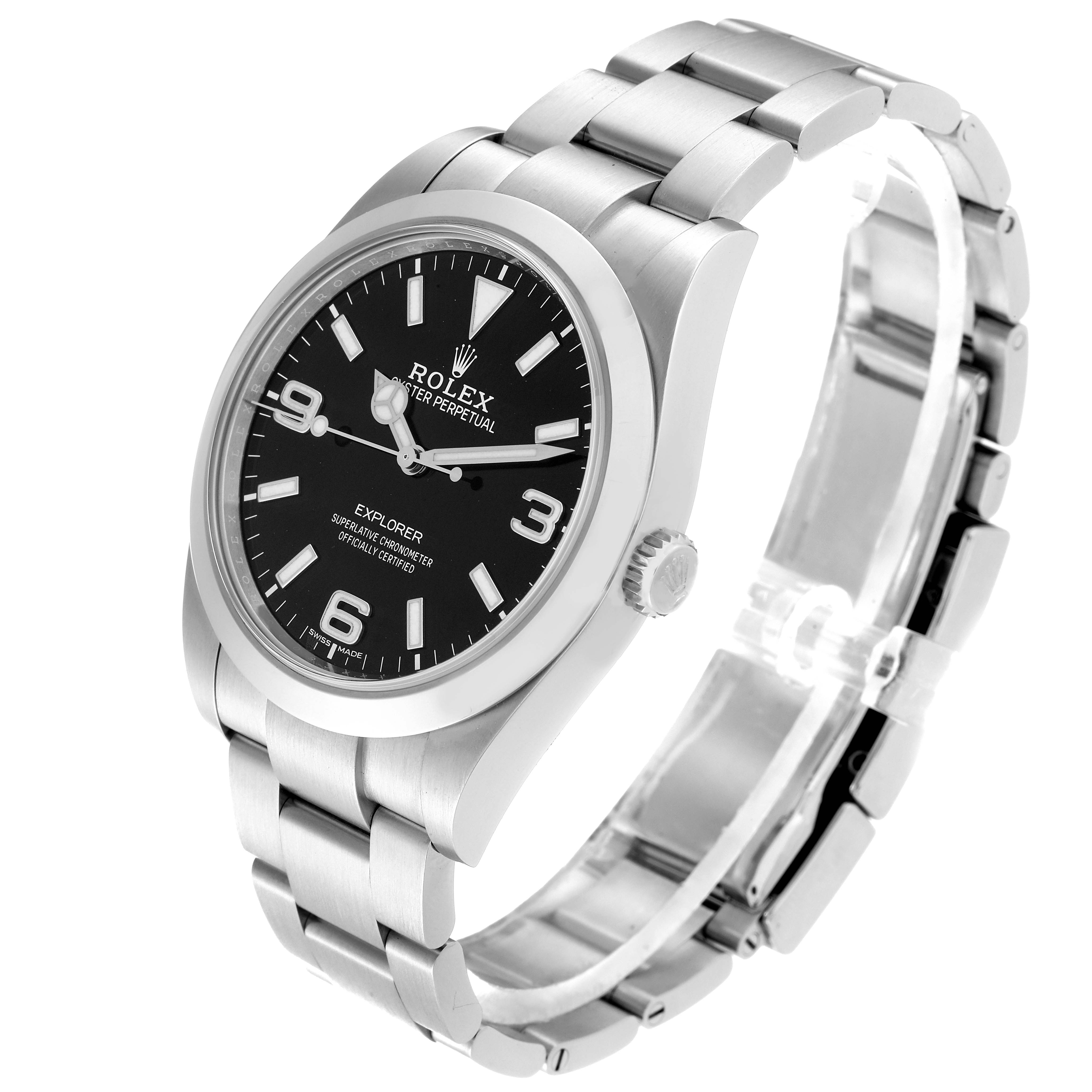 The Rolex Explorer 214270 Men
s Stainless Steel Black Dial 214270 Men
s Stainless Steel Black Dial watch is shown at a slight side angle, highlighting the face, bezel, crown, and bracelet.