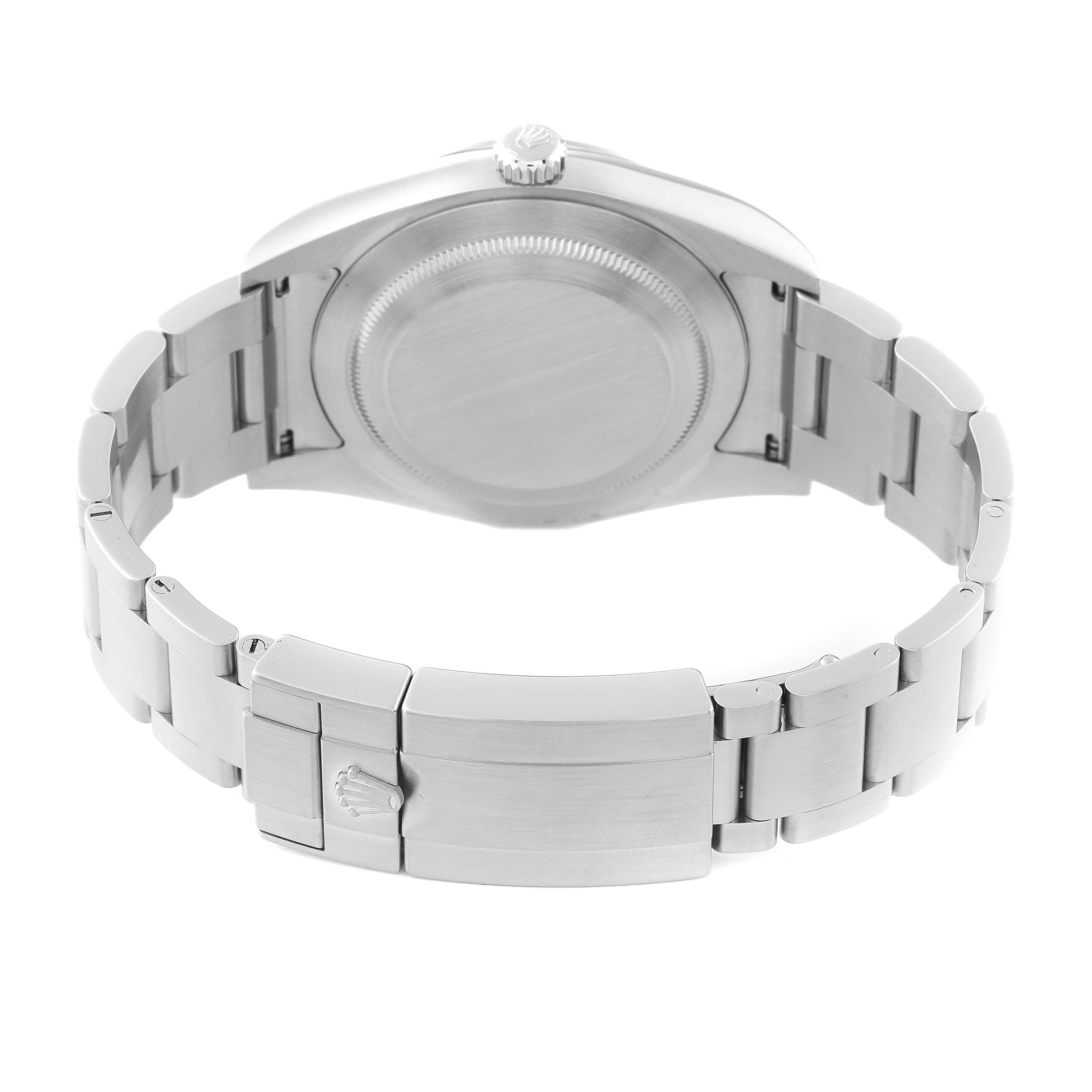 This image shows the back view of the Rolex Explorer 214270 Men
s Stainless Steel Black Dial 214270 Men
s Stainless Steel Black Dial watch, featuring the bracelet, case back, and clasp.