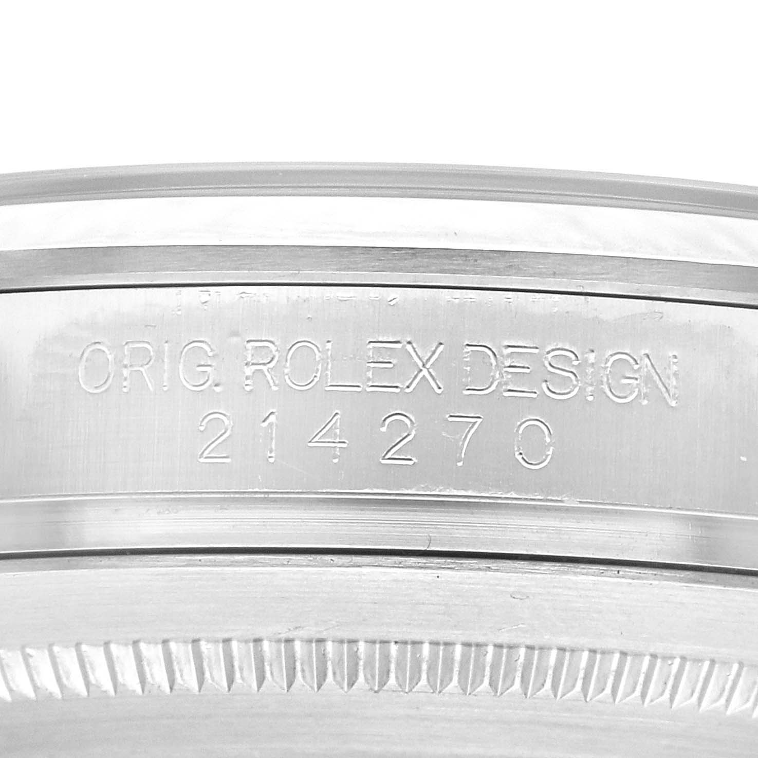 This image shows a close-up of the case profile with the serial number engraving of a Rolex Explorer 214270 Men
s Stainless Steel Black Dial 214270 Men
s Stainless Steel Black Dial model.