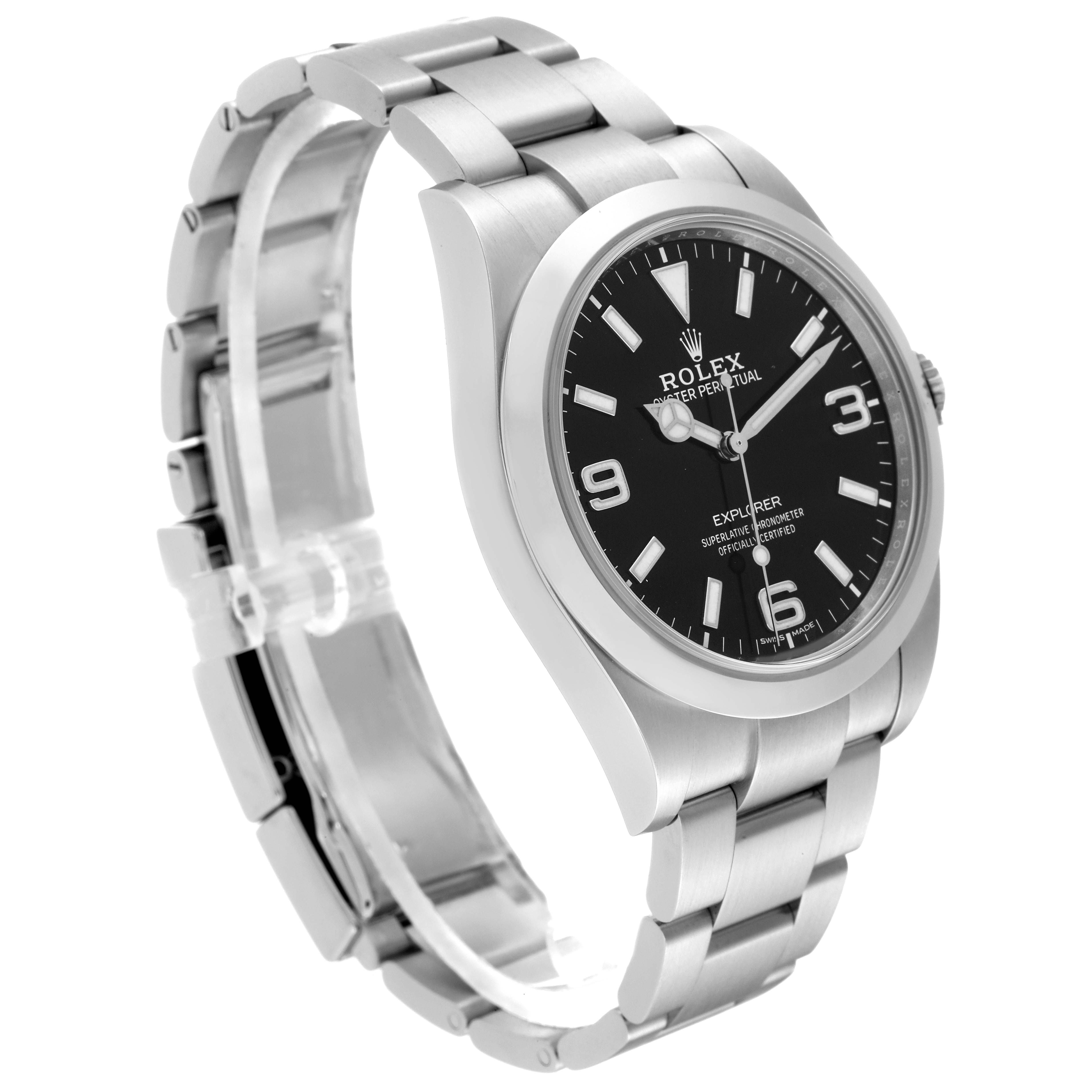 The image shows a side angle of the Rolex Explorer 214270 Men
s Stainless Steel Black Dial 214270 Men
s Stainless Steel Black Dial watch, highlighting the black dial, bezel, and stainless steel bracelet.