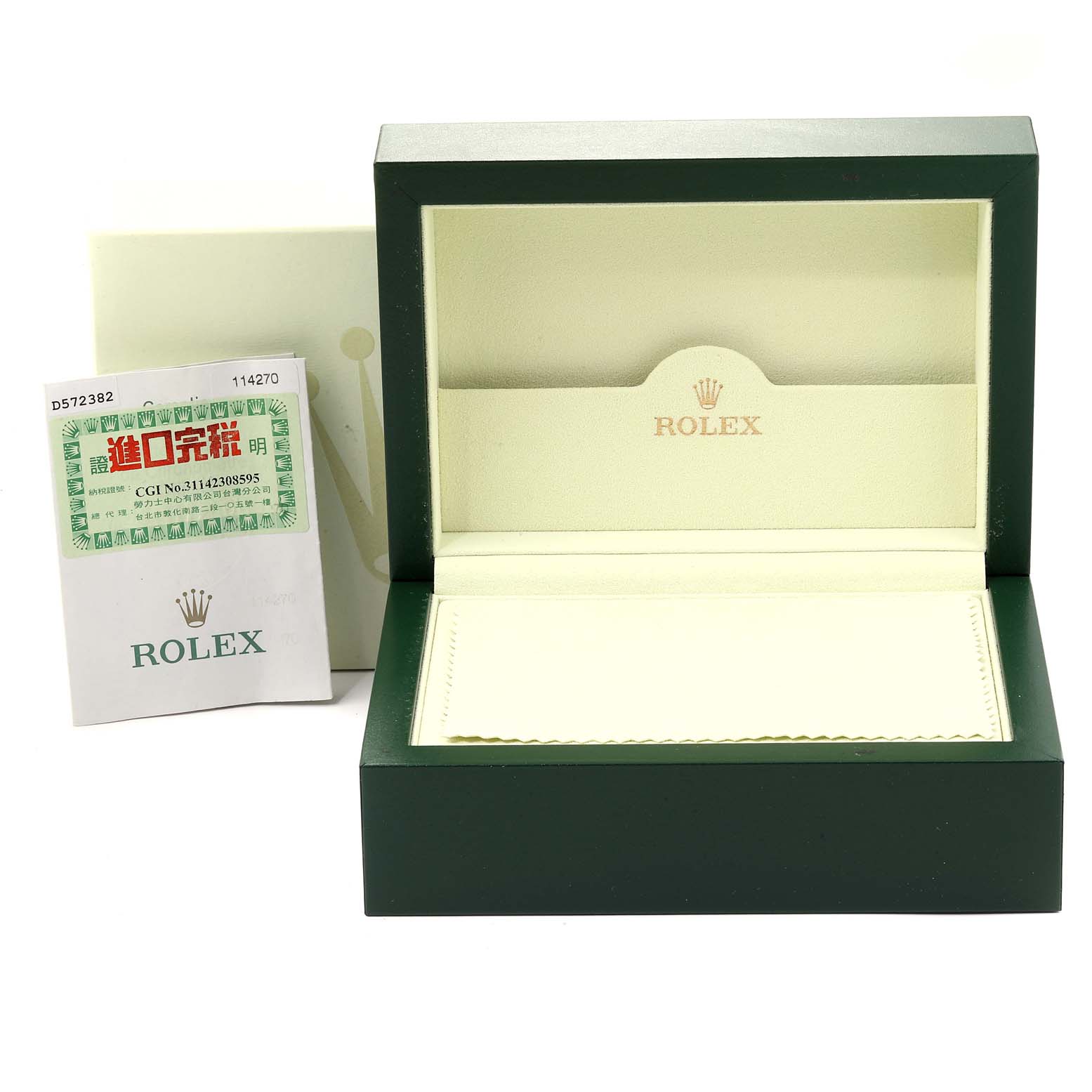 The image shows an open Rolex Explorer 114270 Men
s Stainless Steel Black Dial 114270 Men
s Stainless Steel Black Dial watch box with an Best Quality
ity certificate next to it.