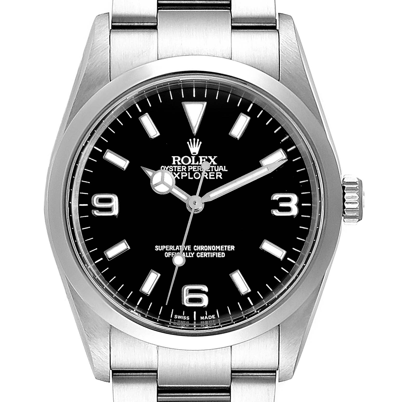 This image shows a frontal view of a Rolex Explorer 114270 Men
s Stainless Steel Black Dial 114270 Men
s Stainless Steel Black Dial watch, highlighting its black dial, hour markers, and stainless steel bracelet.