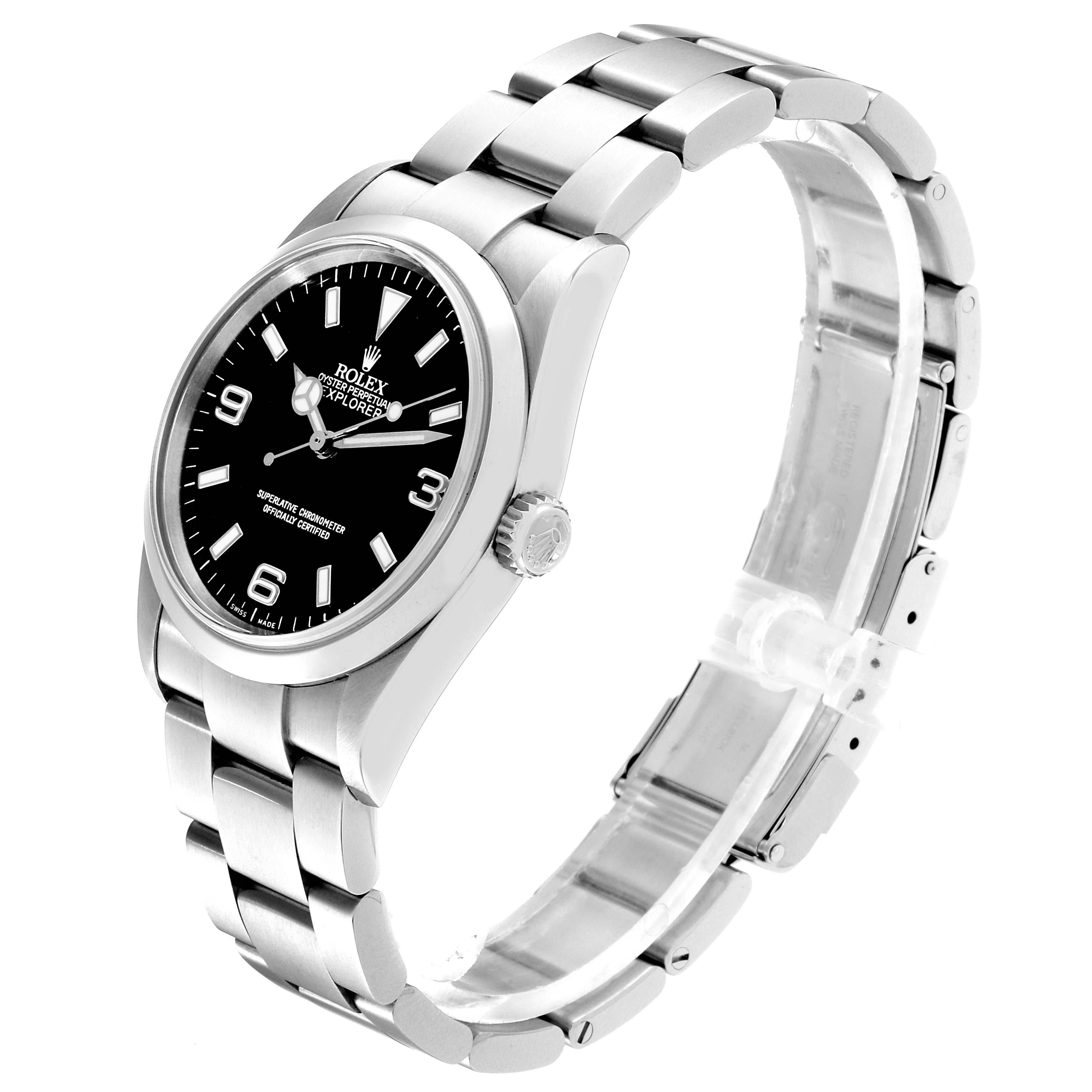 This Rolex Explorer 114270 Men
s Stainless Steel Black Dial 114270 Men
s Stainless Steel Black Dial watch is shown at a slight angle, displaying the bracelet, case, crown, and dial.