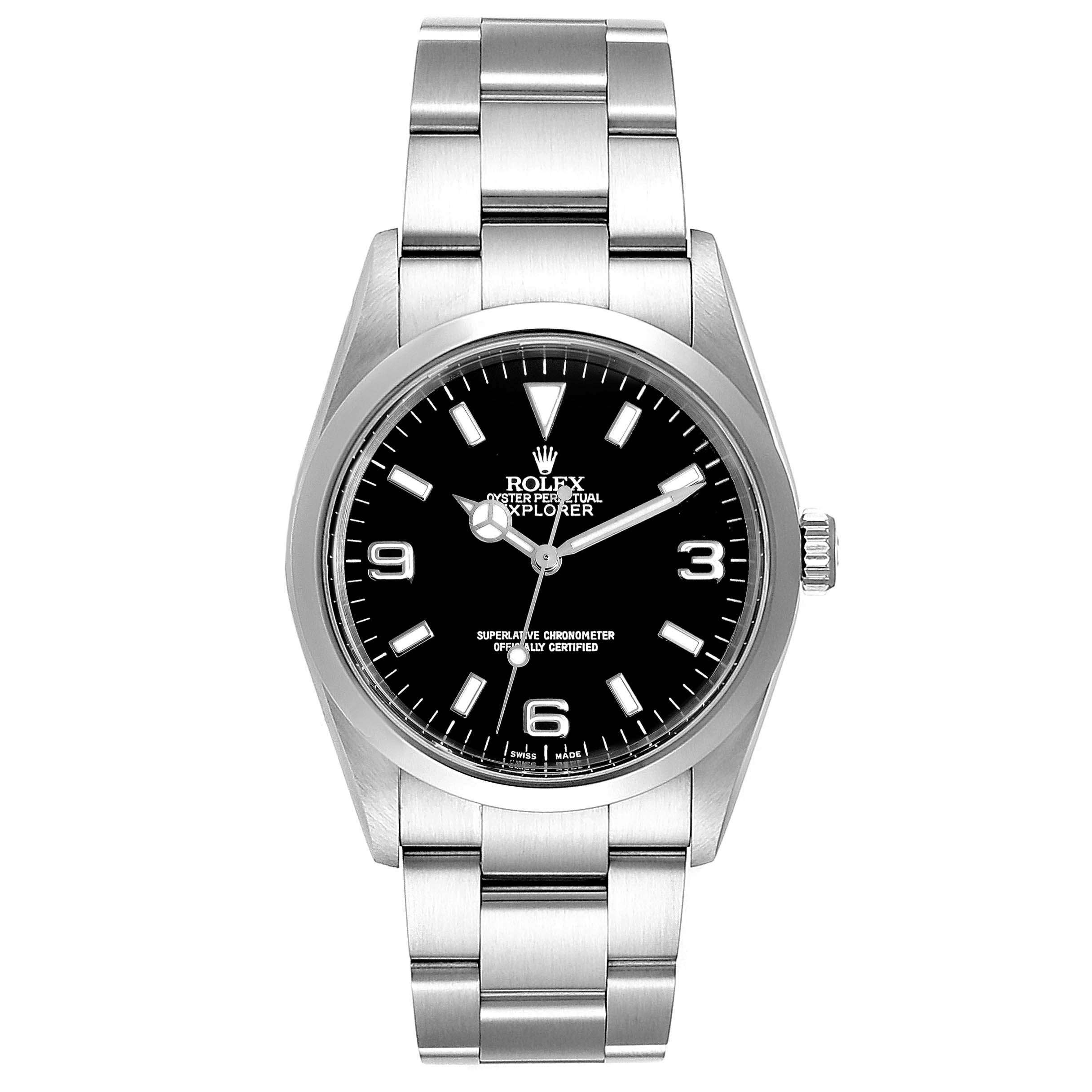 The image shows a front view of the Rolex Explorer 114270 Men
s Stainless Steel Black Dial 114270 Men
s Stainless Steel Black Dial watch, displaying the dial, hands, crown, and part of the bracelet.