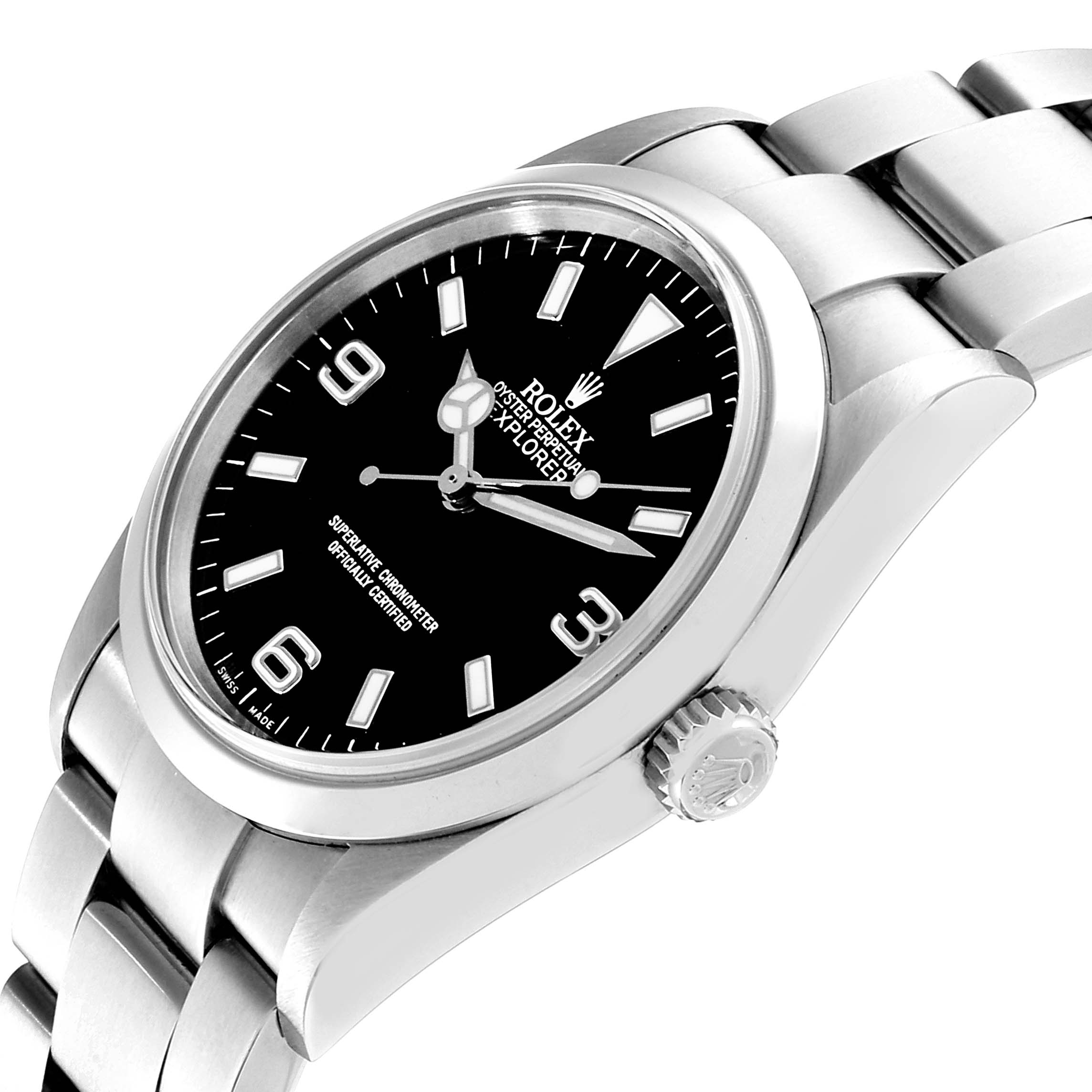 The image shows a Rolex Explorer 114270 Men
s Stainless Steel Black Dial 114270 Men
s Stainless Steel Black Dial watch at a slightly tilted angle, highlighting the dial, bezel, crown, and bracelet.