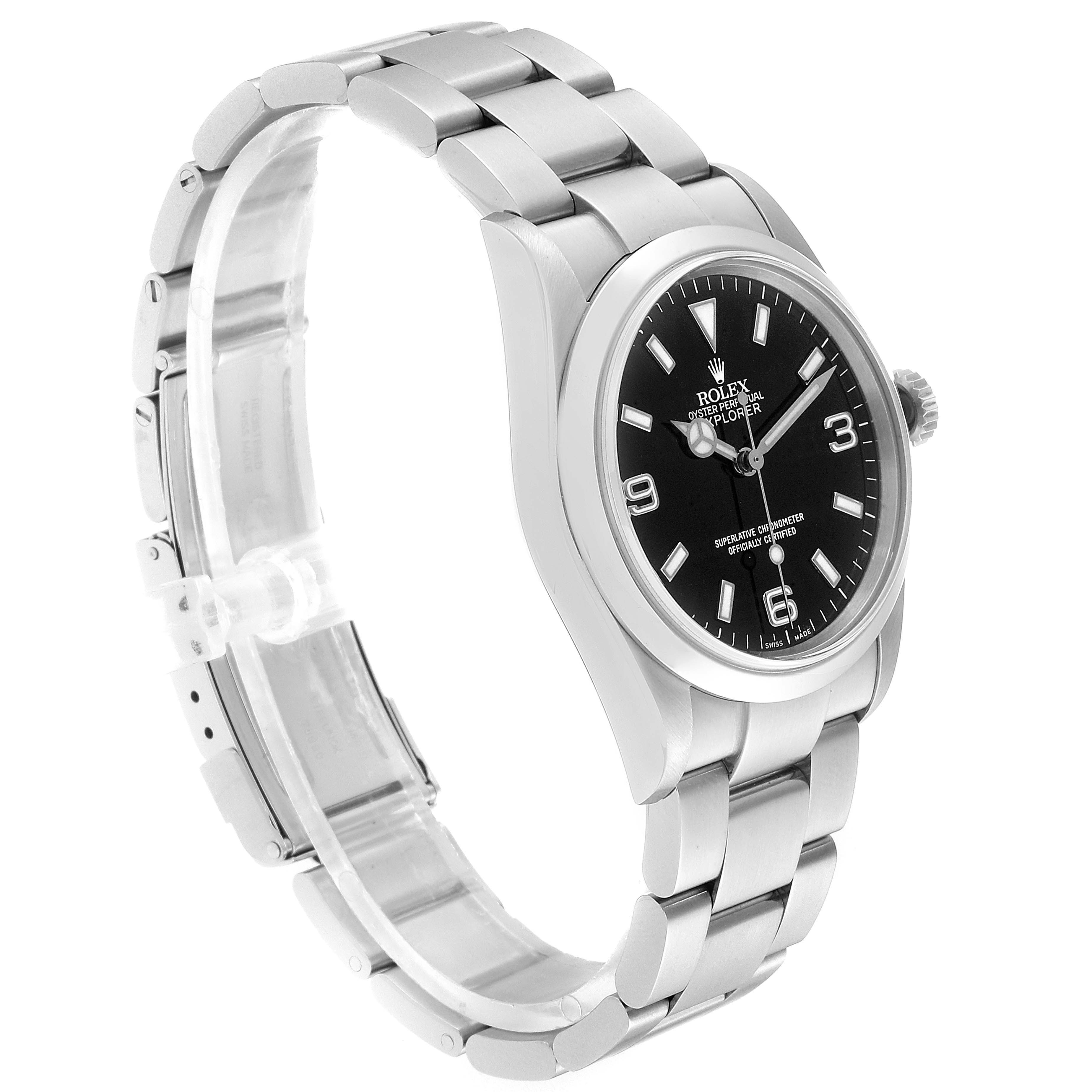 The image shows a side view of the Rolex Explorer 114270 Men
s Stainless Steel Black Dial 114270 Men
s Stainless Steel Black Dial watch, displaying its bracelet, case, and dial.