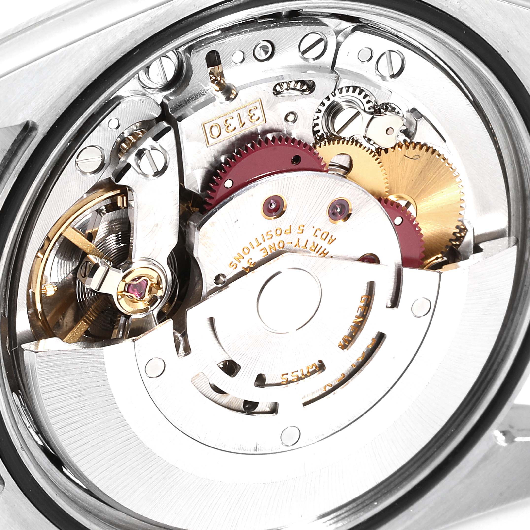 This is a close-up image showing the internal movement mechanism of a Rolex Explorer 114270 Men
s Stainless Steel Black Dial 114270 Men
s Stainless Steel Black Dial watch.