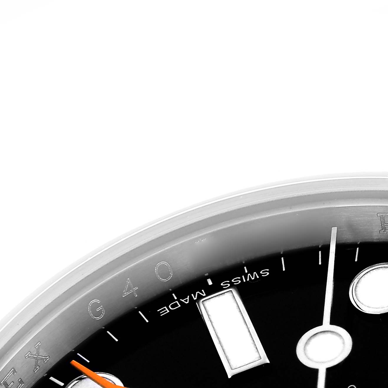 The image shows a close-up of the dial
s edge and part of the bezel of a Rolex Explorer 216570 Men
s Stainless Steel Black Dial 216570 Men
s Stainless Steel Black Dial watch.