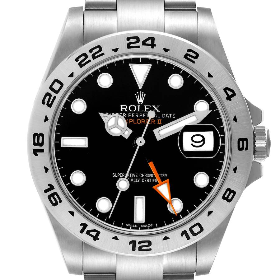The Rolex Explorer 216570 Men's Stainless Steel Black Dial 216570 Men's Stainless Steel Black Dial watch is shown from the front, highlighting the dial, bezel, hands, and bracelet.