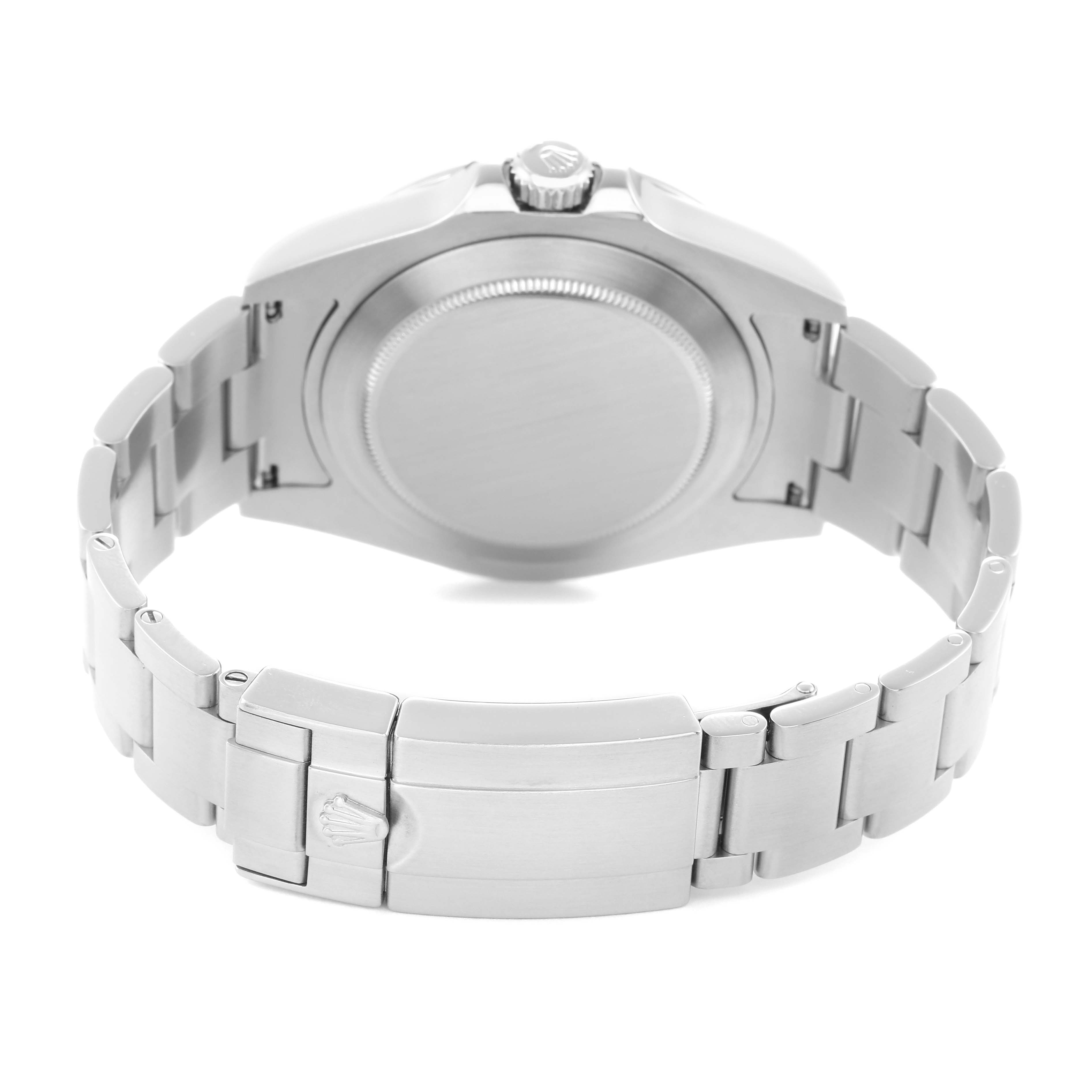 The image shows the back of a Rolex Explorer 216570 Men
s Stainless Steel Black Dial 216570 Men
s Stainless Steel Black Dial watch, highlighting the case back and bracelet with the clasp.